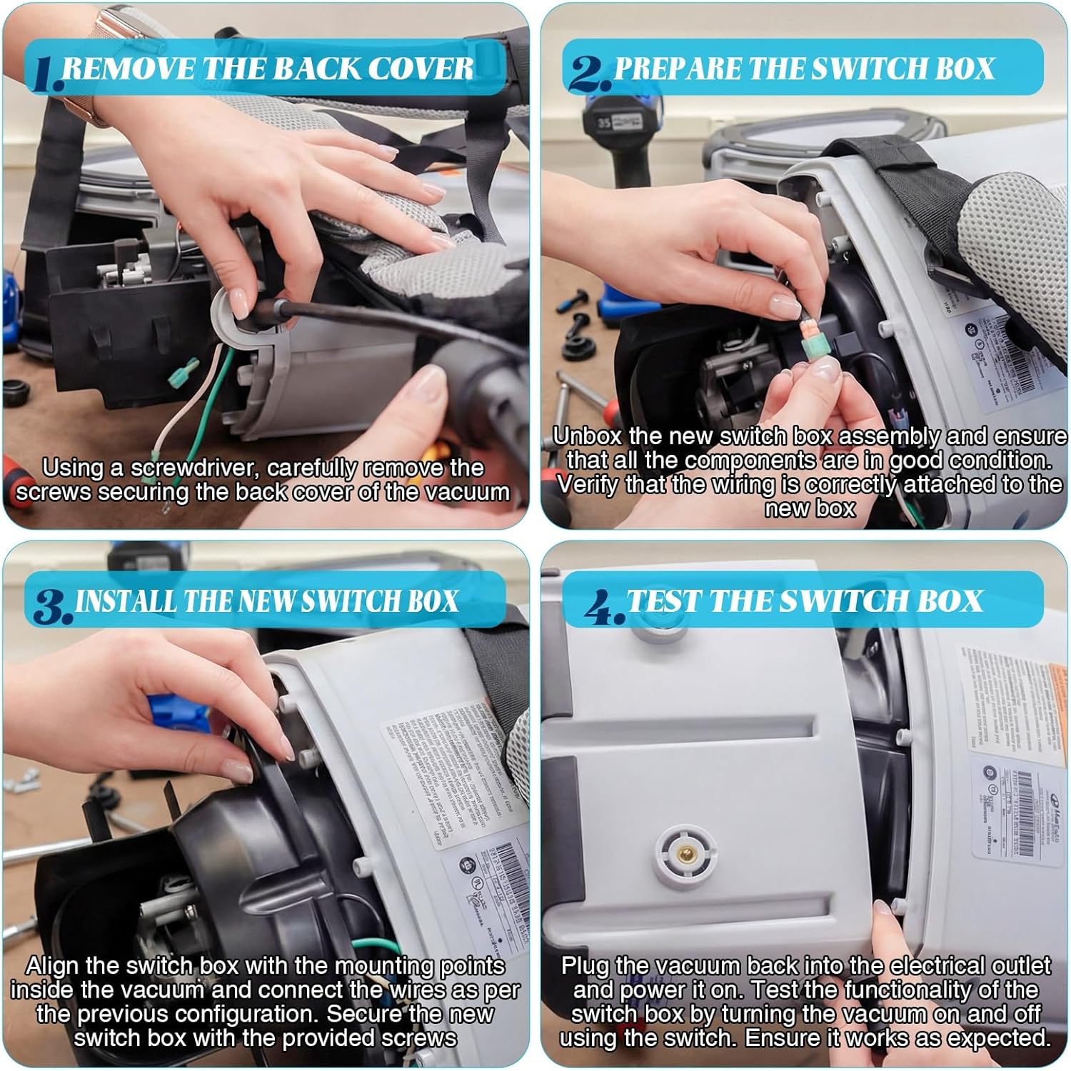 Vacuum Switch Box Full Assembly Replacement for Backpack Vacuums - Compatible with Proteam 836225 Supercoach Pro Models 6/10/pv Fs-6/107310 /107308 - Switch Cord & Power Cord Assembly