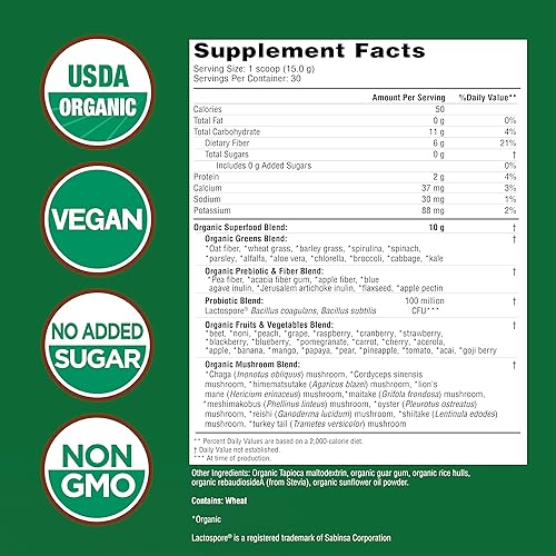 Miniatura 2 de COUNTRY FARMS Super Greens Sabor natural, 50 súper alimentos orgánicos, mezcla de bebida orgánica USDA (pasto de trigo, espirulina, clorella),