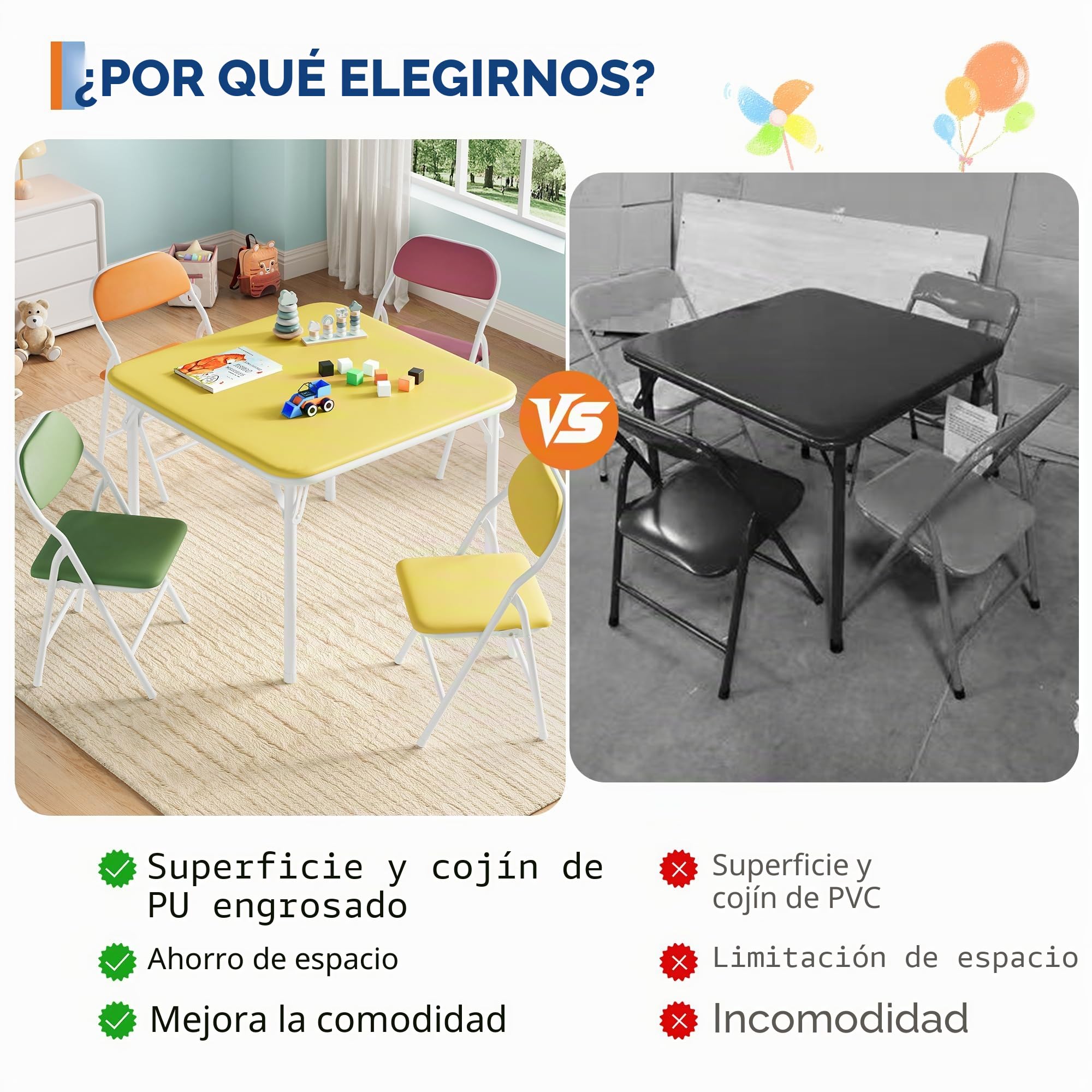 Mesa infantil plegable con 4 sillas, conjunto de mesa y silla infantil para jardín de niños, mesa de actividades para comedor, guardería, aula, colorido