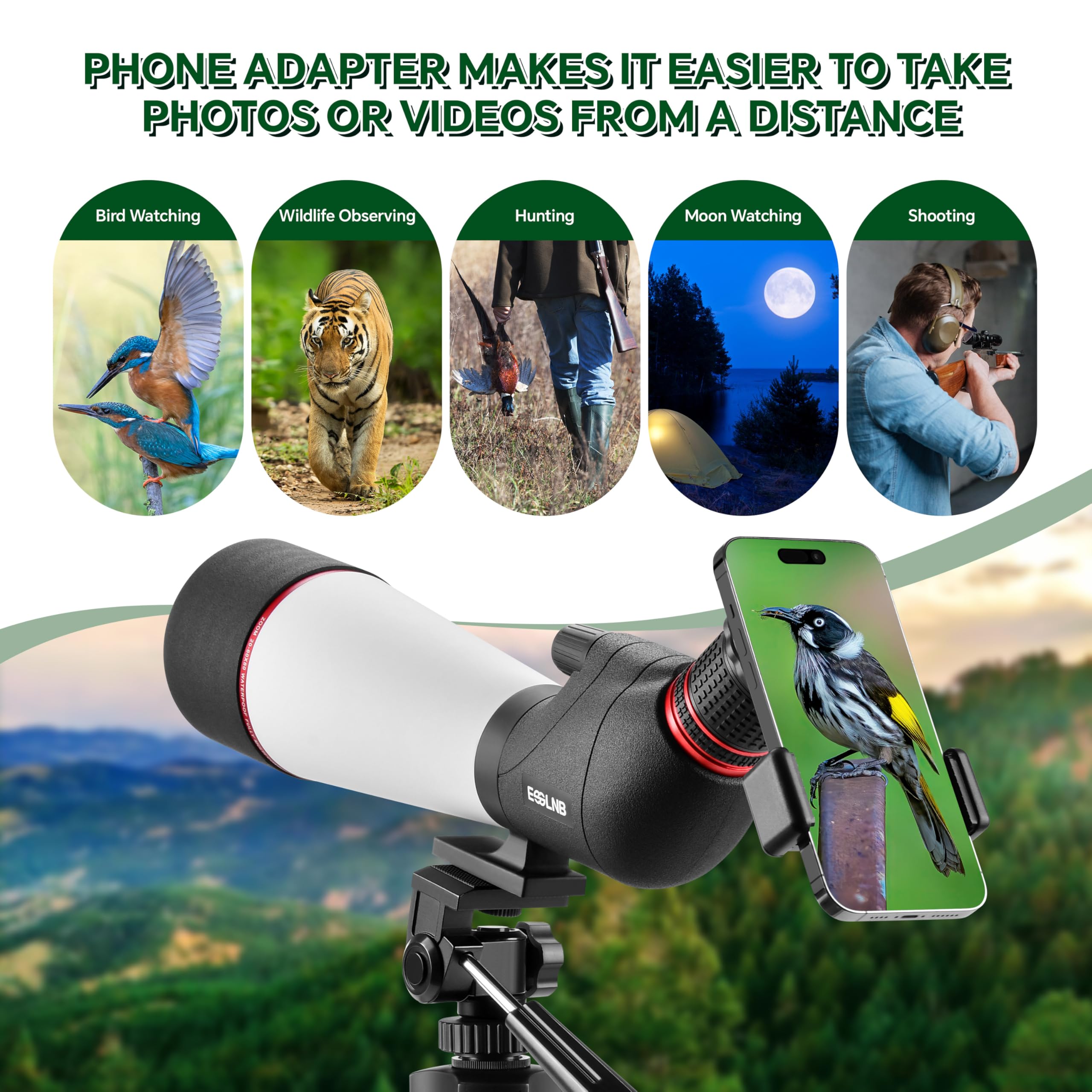 ESSLNB Longue-vue 20-60 x 80 cm avec trépied adaptateur pour smartphone et sac 100 % étanche BAK4 entièrement traité multicouche prisme porro pour le tir à la cible, l'observation des oiseaux et
