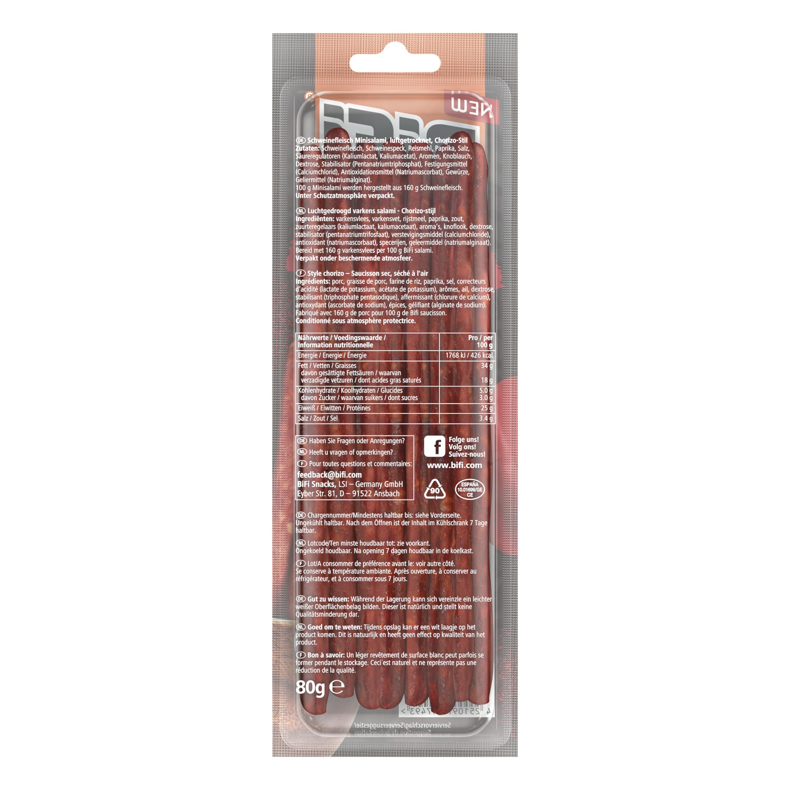 BiFi Rustic Sticks Chorizo - 8er Pack (8 x 80 g) –-Würziger Salami Snack im rustikalen Stil - Proteinreicher Fleisch Snack mit Paprika und Knoblauch für unterwegs Büro und Zuhause - zum Teilen