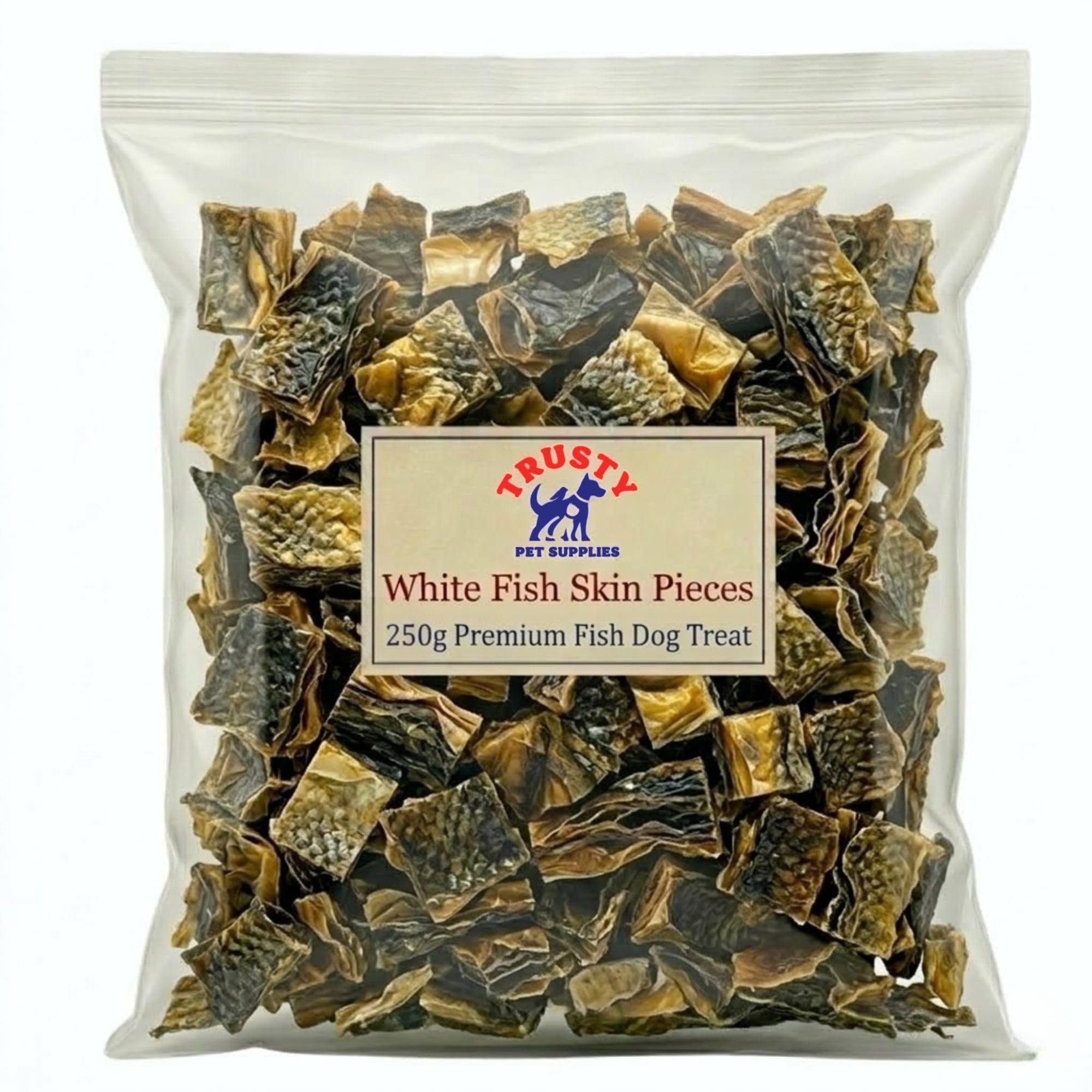 White Fish Skin for Dogs 250g | Omega 3 Rich Natural Dog Treats | Hypoallergenic & Grain Free Fish Skin Dog Treats | High Protein & Low Fat | by Trusty Pet Supplies