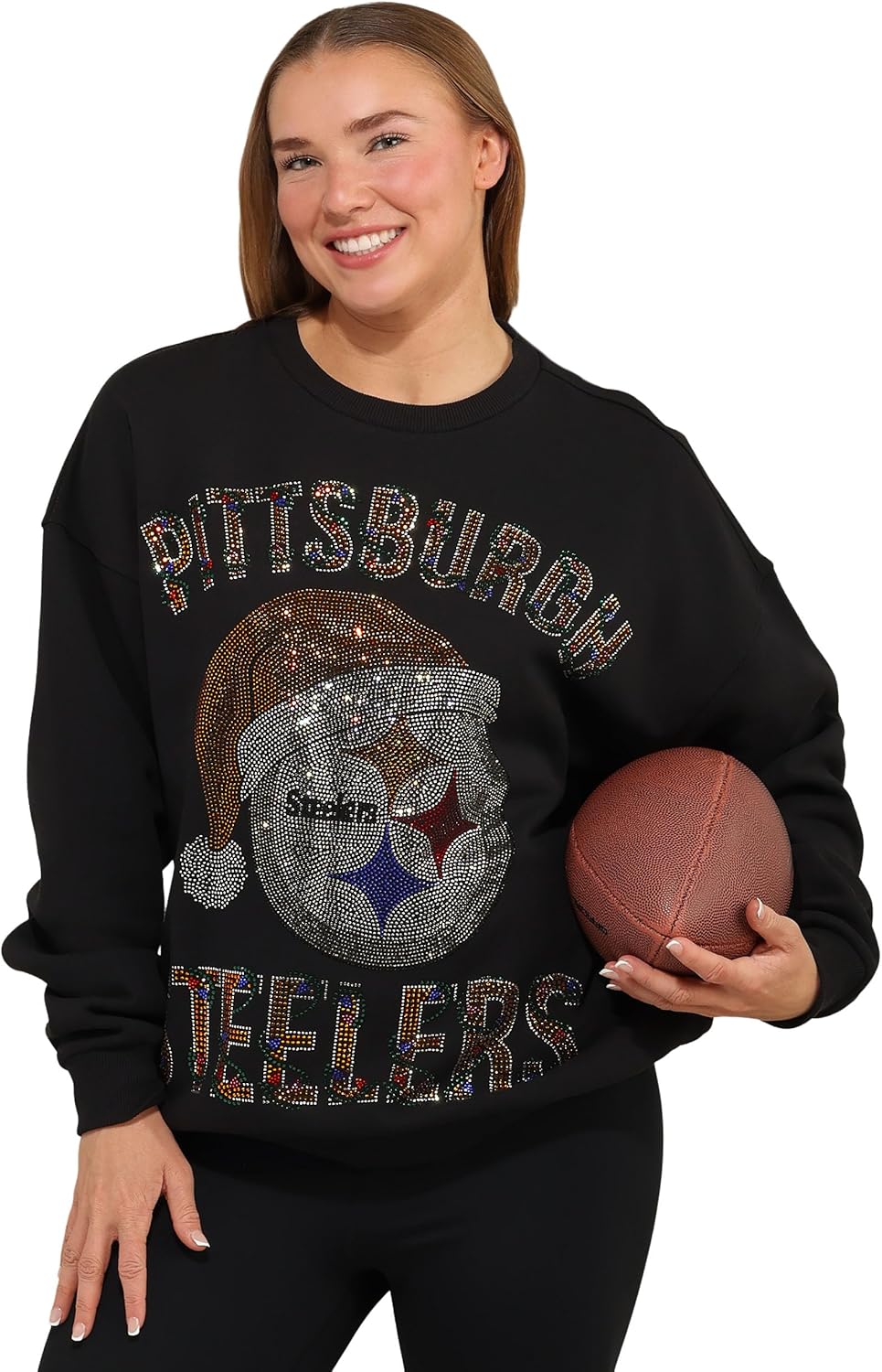 FOCO NFL womens Nfl Rhinestone Team Logo Oversized Holiday Crew Neck Sweatshirt