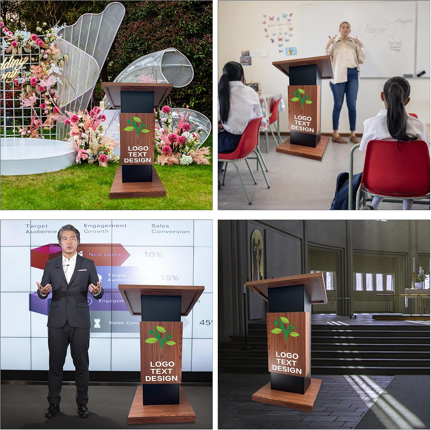 Customizable Wood Podium,Podium Stand with Wheels,15MM Particle Board,Pulpit with Storage,Mic Stand Space,Wooden Lectern for Restaurants,Churches,Seminars and Schools (Customized A)