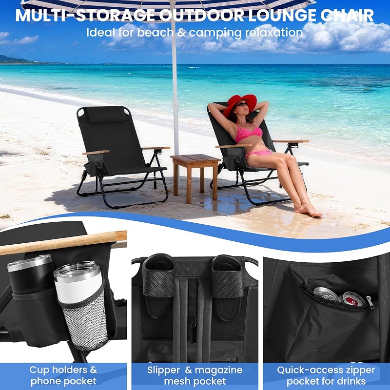 Canpsky 2 Pack Premium 5-Position Reclining Camping Chair - Portable Folding Lightweight Outdoor Chair with Wooden Armrests, Headrest & Pockets, 350lbs Heavy Duty for Beach, Patio, Backyard, Black image 5