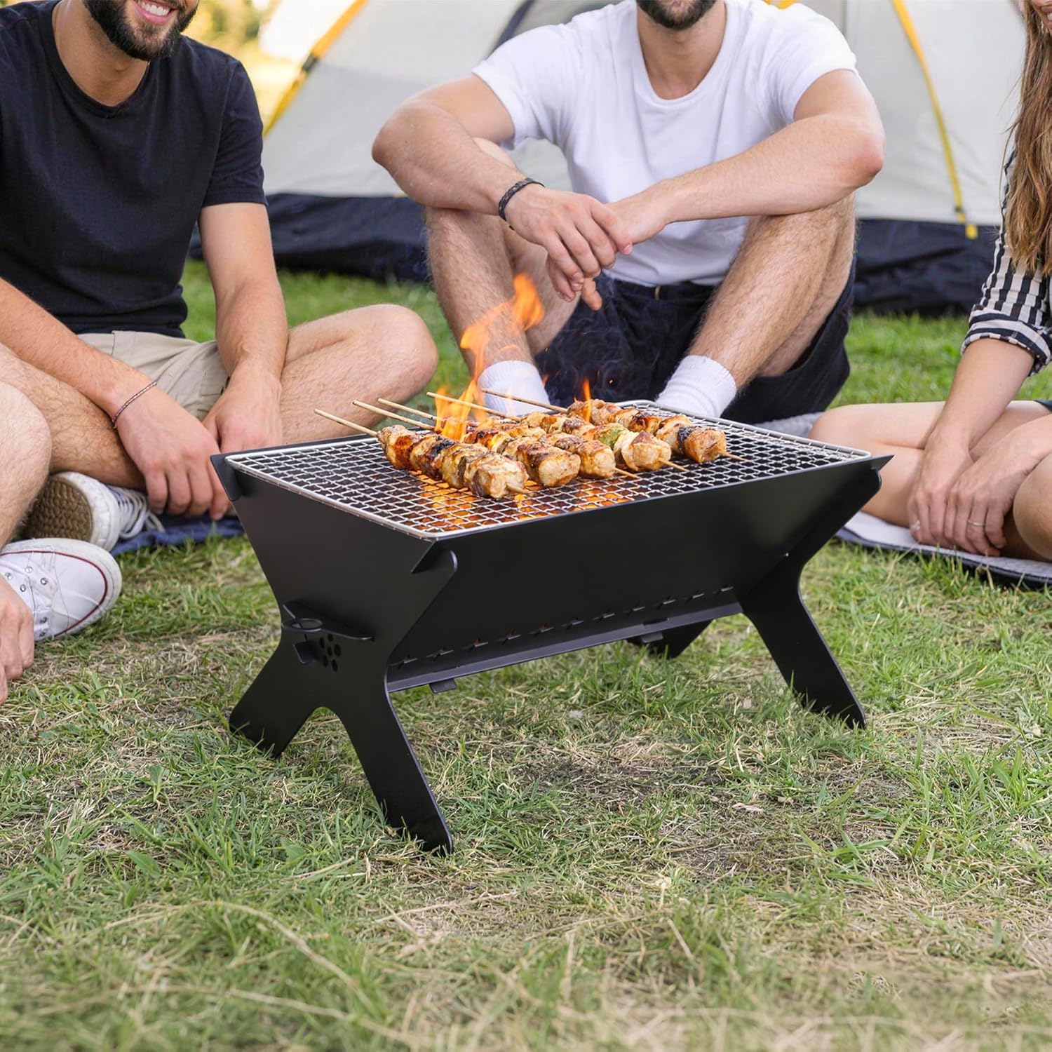 REDCAMP Camping Feuerstelle groß mit Grillrost, 2in1, tragbar, Outdoor | Feuerkorb mit 304 Edelstahlrost, Holz & Kohle, werkzeuglos, klappbar, kompakt mit Tasche, für Garten Strand unterwegs