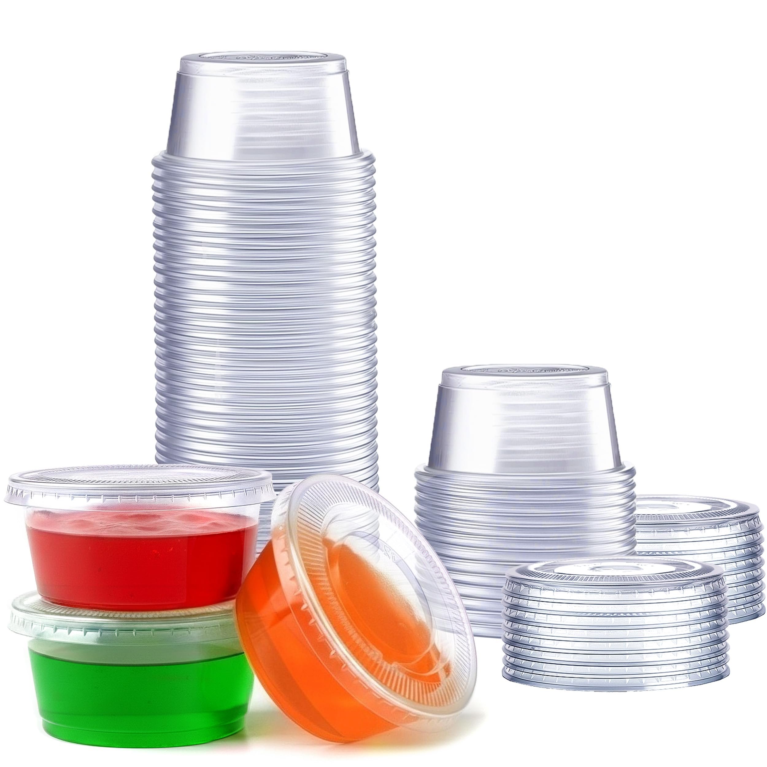 GUSTO 2 oz Jello Shot Cups with Lids [50 Count] Clear Plastic Portion Containers, Condiment Cups for Sauces, Dressings & Samples – Durable, Stackable, Leak-Resistant (Formerly Comfy Package)