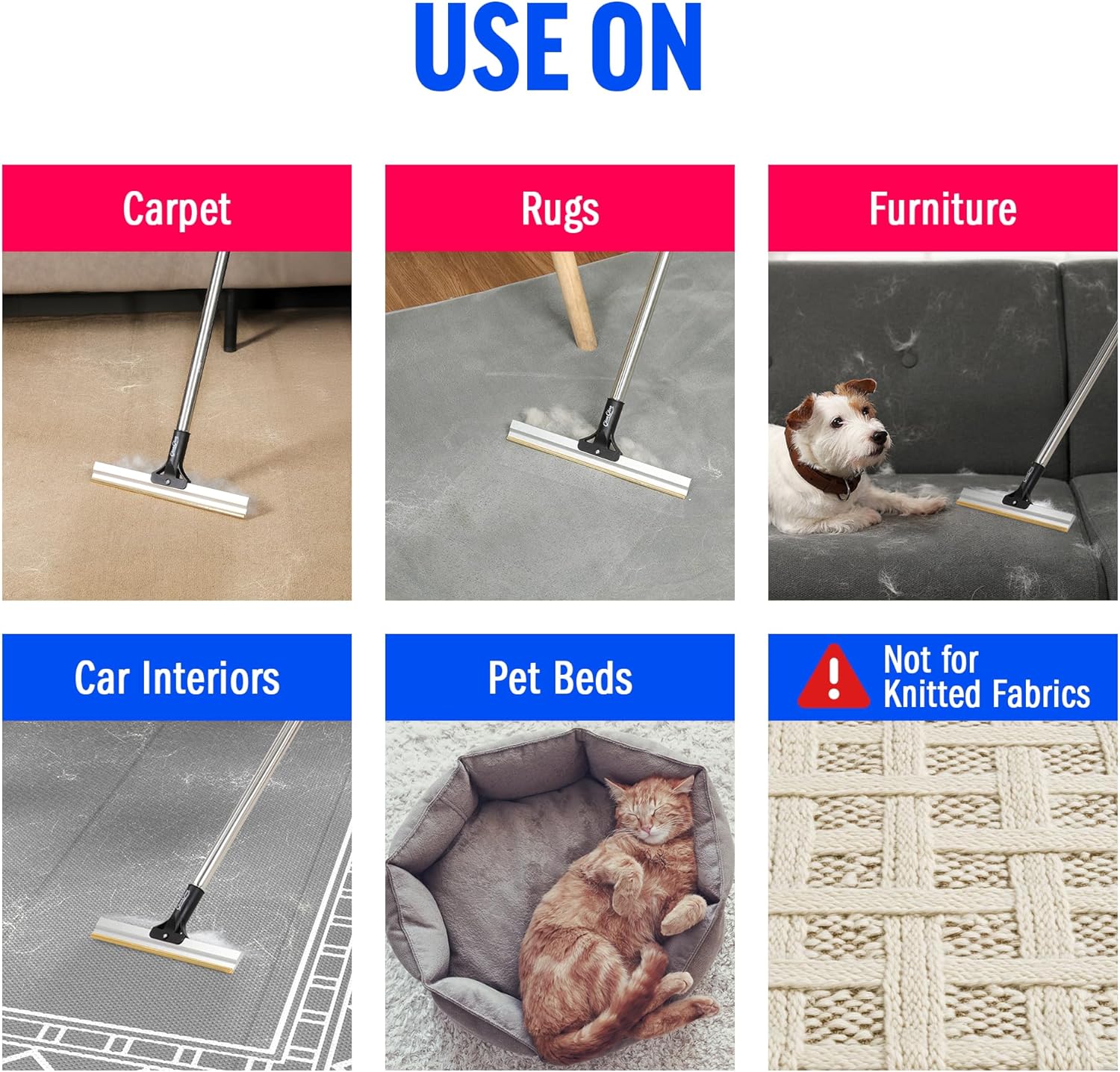 ChomChom Carpet Rake – Adjustable Pet Hair Remover Tool Up to 64 in Long – Deep Clean Embedded Pet Hair with Teeth Technology – Reusable, Quiet – for Carpets, Stairs, Rugs, Pet Beds, Cars & More