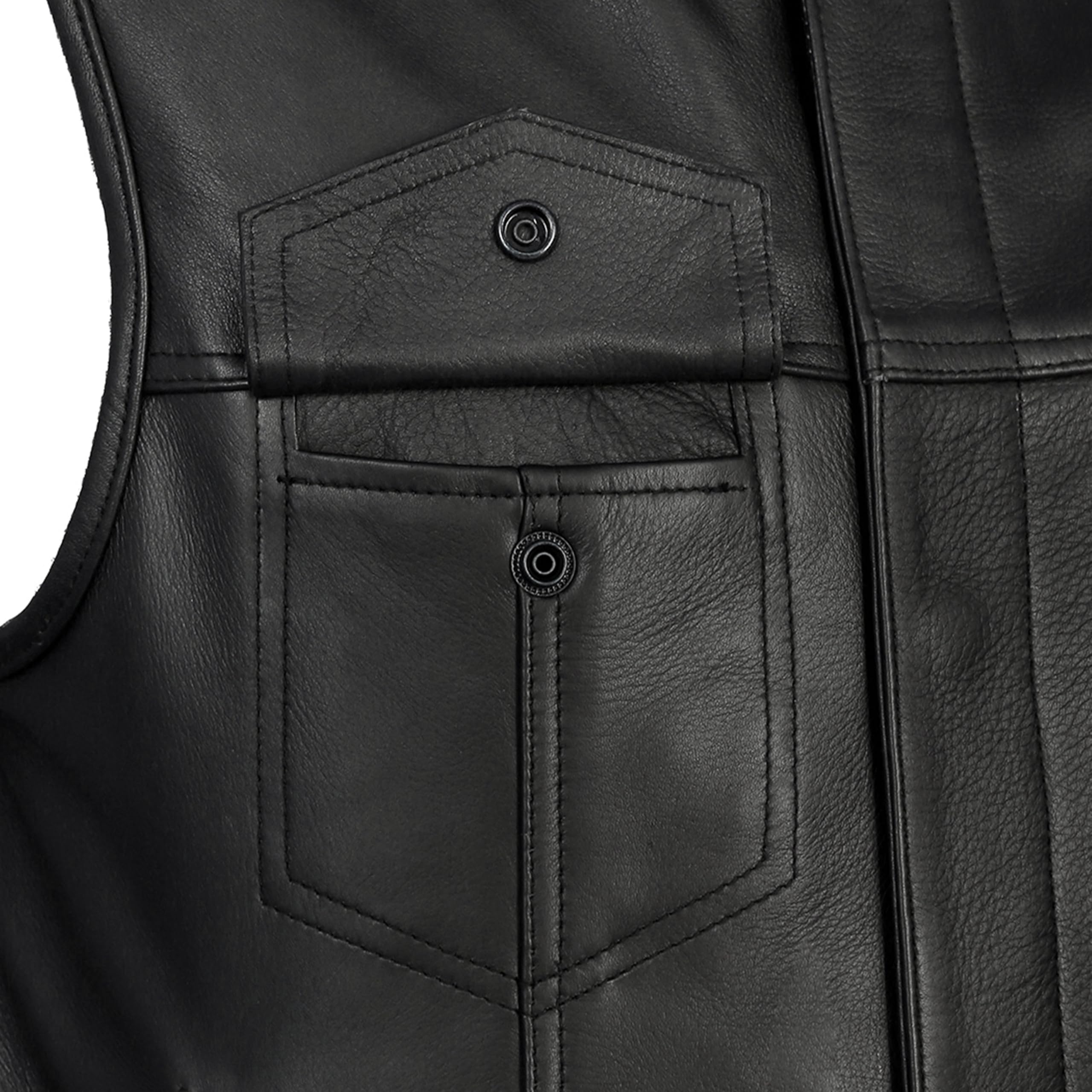 Leatherick SOA Gilet da motociclista in vera pelle da uomo senza colletto per motociclismo e moda, con tasche profonde