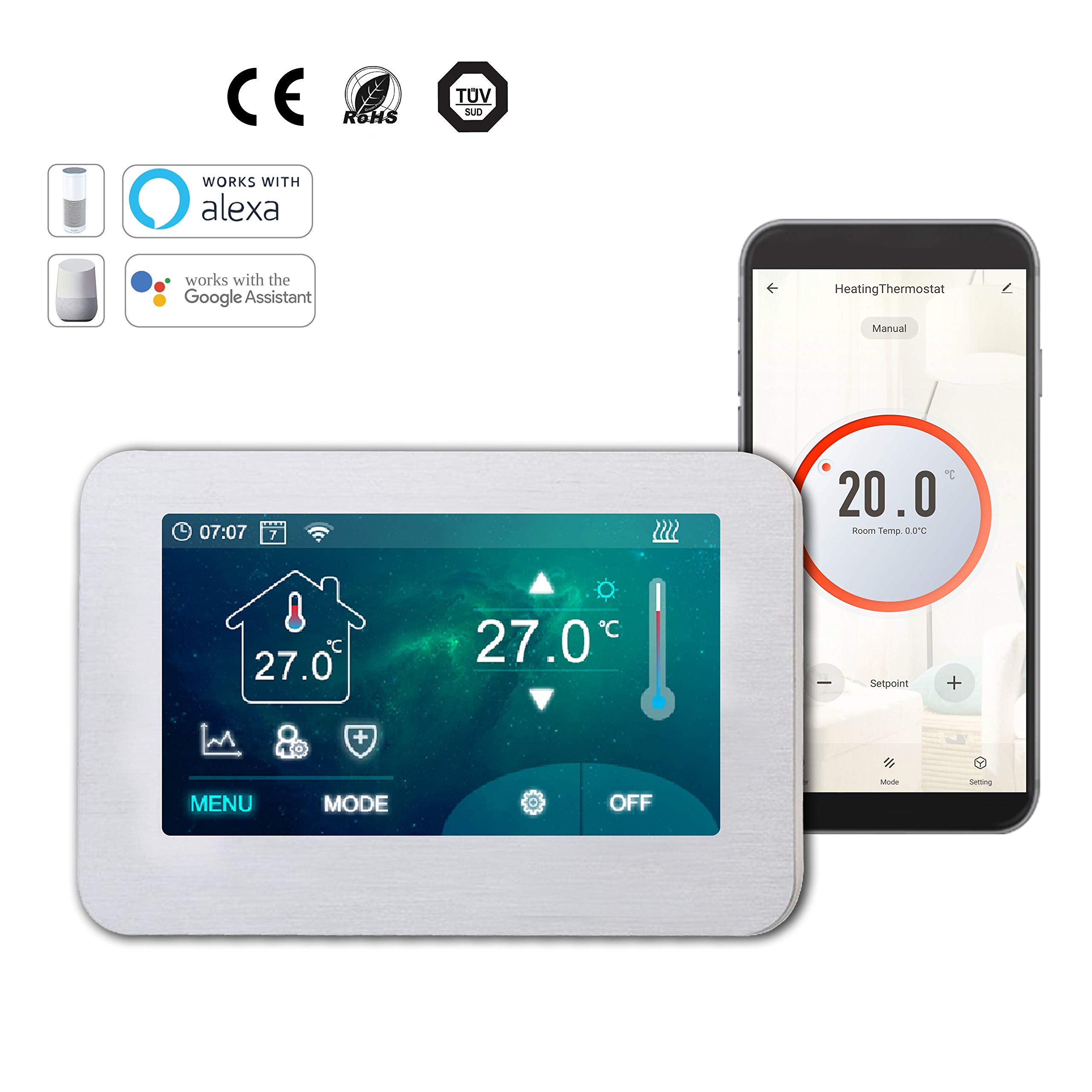 Underfloor Heating Full Colour Touch Screen 4.3 inch Thermostat (Floor & Air Sensing Thermostat) - WiFi Connection