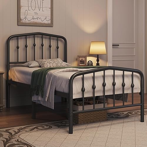 Miniatura 4 de Yaheetech Marco de cama individual, cama de plataforma de metal con cabecera y estribo de hierro forjado de estilo victorianofácil montajeno