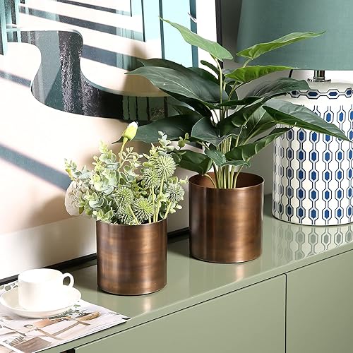Miniatura 3 de MyGift Macetas cilíndricas de metal de tono bronce antiguo, macetas para suculentas, 6 y 5 pulgadas, juego de 2  hecho a mano en la India