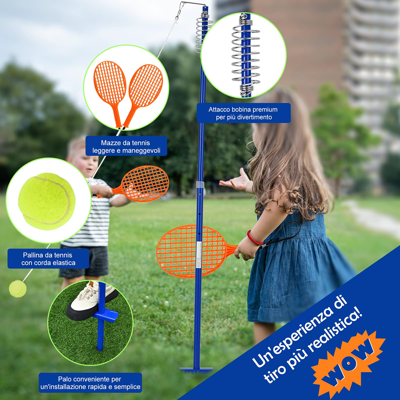 COSTWAY Set di Palline da Tennis, Gioco da Esterno con Palla Oscillante e 3 Livelli di Altezza Regolabili, con Palla, Braccio Girevole, 2 Racchette, Gioco Familiare per Bambini +5 Anni