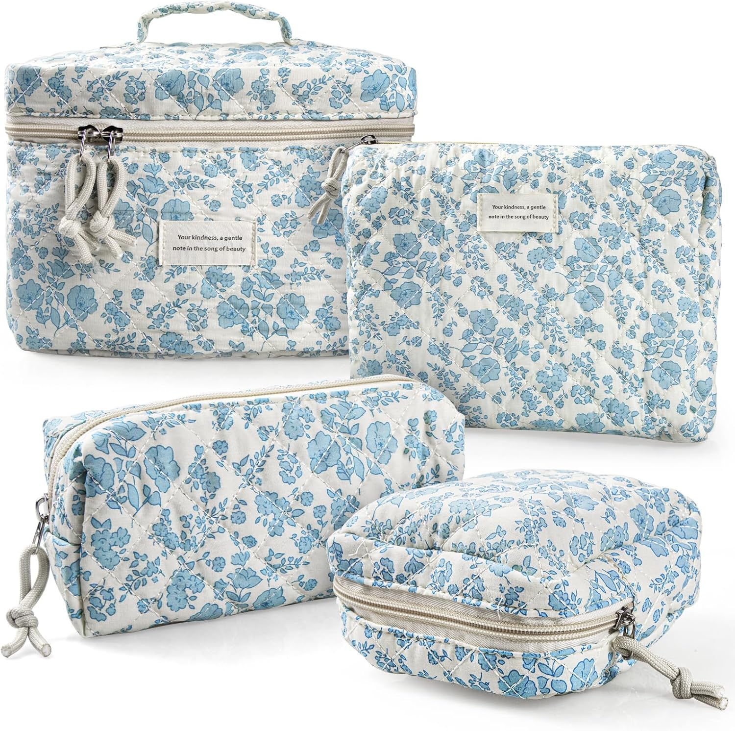VIWIME Makeup Cosmetic Bag, Large Cotton Quilted Travel Coquette Aesthetic Cute Floral Make up Bag for Women Toiletry Bag Organizer (205- Sky Blue/ 4Pcs)