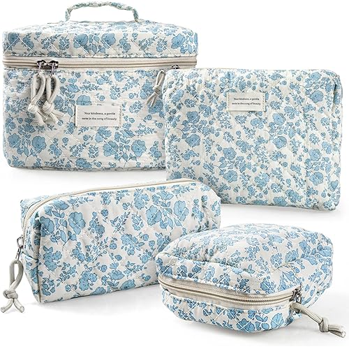 Cute Makeup Bag for Women(2 Pcs), Travel Cosmetic Bags, Quilted Coquette Aesthetic Floral Toiletry Organizer Bag (46 - Sky Blue/4Pcs)