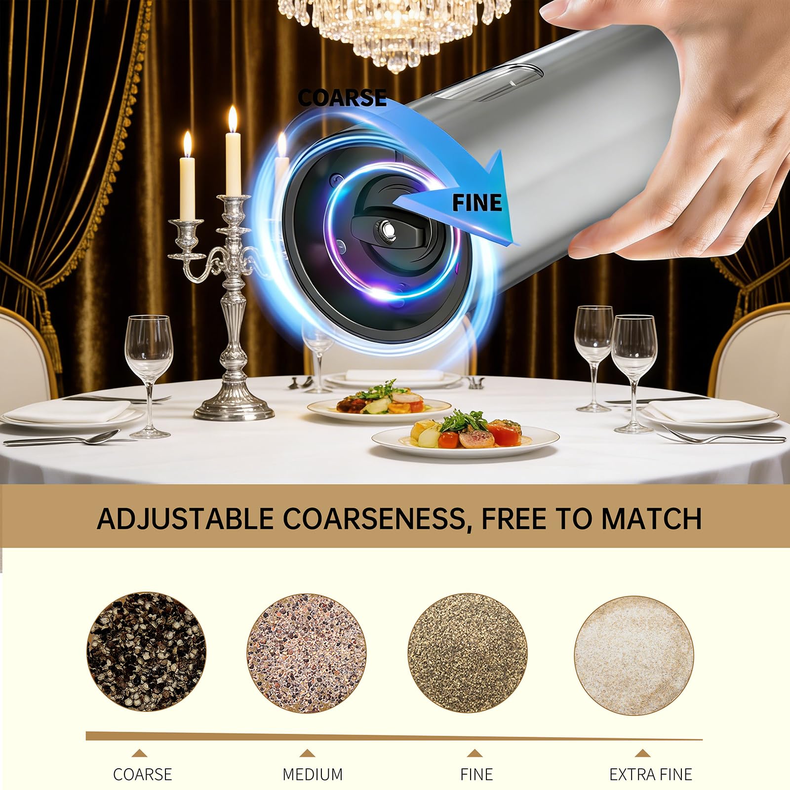 Lot de 4 moulins à poivre et sel électriques rechargeables automatiques avec 6 niveaux de grosseur réglables, lumière LED, capacité de 100 ml et charge de type C