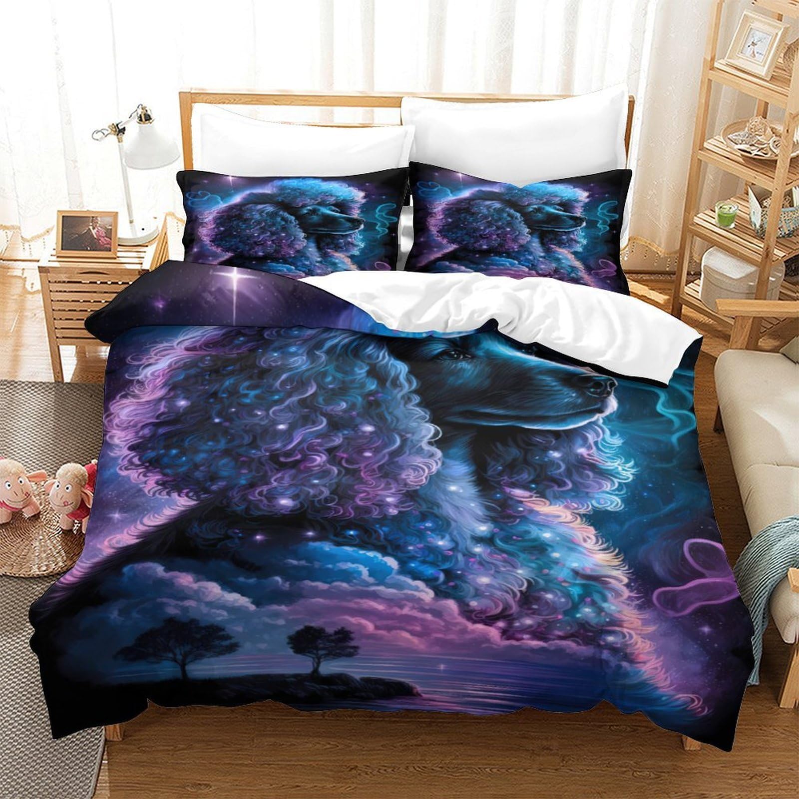 Cosmic Poodle Set Di Copripiumino morbida microfibra 3 Pezzi stampa 3D con federa Fantasia Set Di Copripiumino cerniera ariosa morbido for ragazze King（220x240cm）