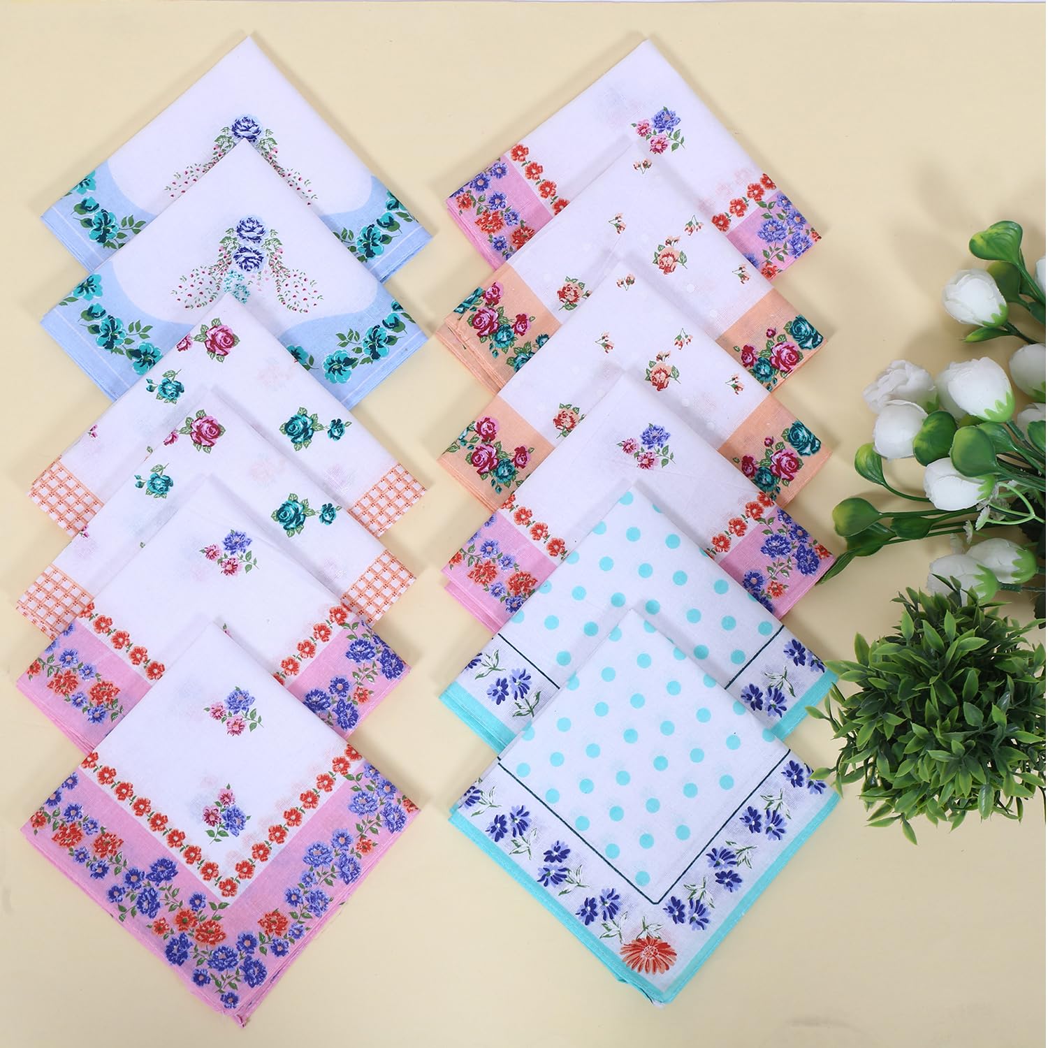 Kuber IndustriesKuber Industries Handkerchiefs | Soft Cotton Hankies for Woman | Hankies for Girls | White Border Ladies Hanky | Skin Care Hanky for Girls | Set of 12 | Multi