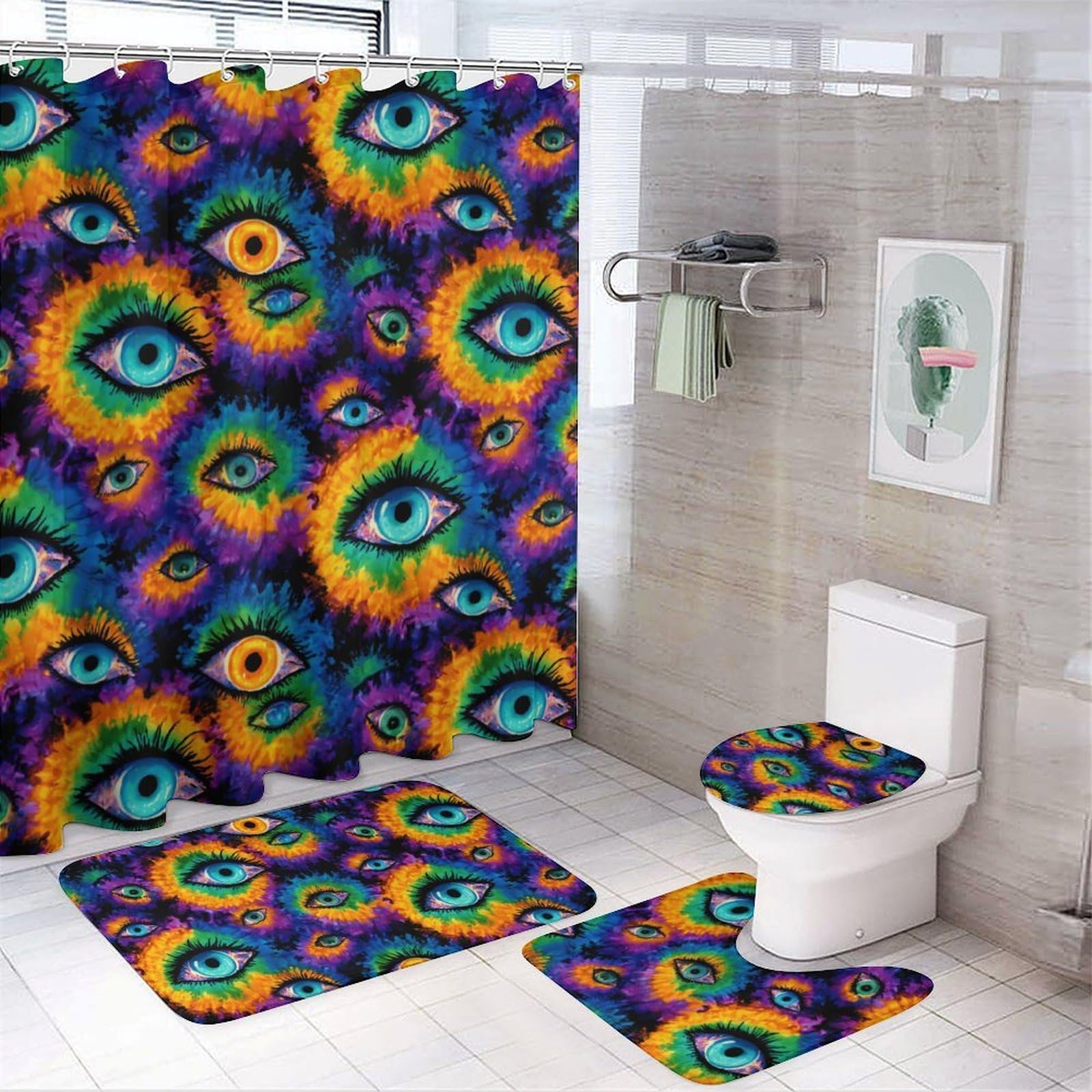 CGSBNGHA Evil Eyes Psychedelic Trippy Tie Dye Shower Curtain Set 4 Piece Bathroom Sets with Rugs Toilet Lid Cover And U-Shaped Floor Mat