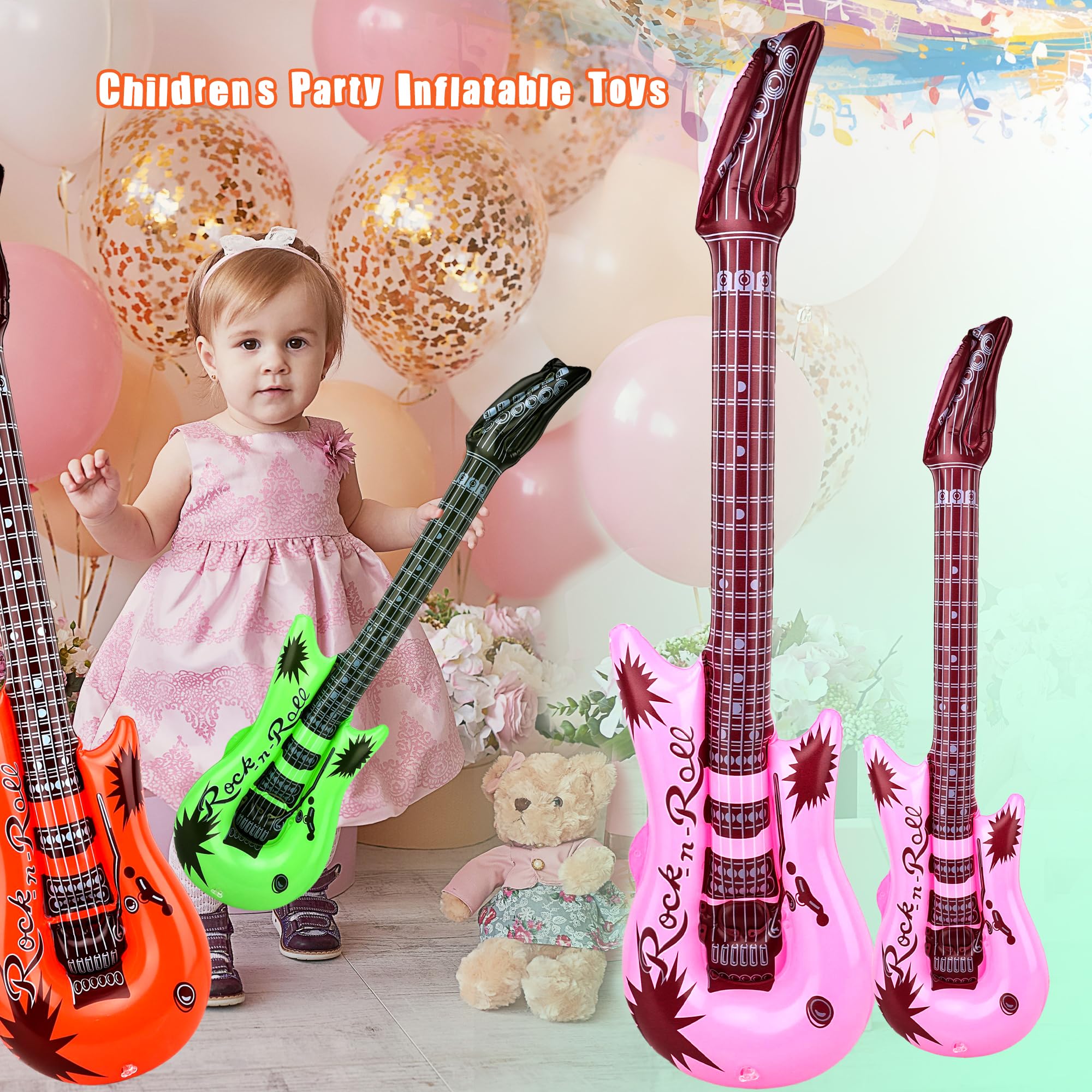 42 guitarras inflables incluyen 18 guitarras inflables de estrella de rock de 21.7 pulgadas y 24 guitarras inflables de 37.4 pulgadas con 2 bombas de aire rojas para fiestas de los años 80 y