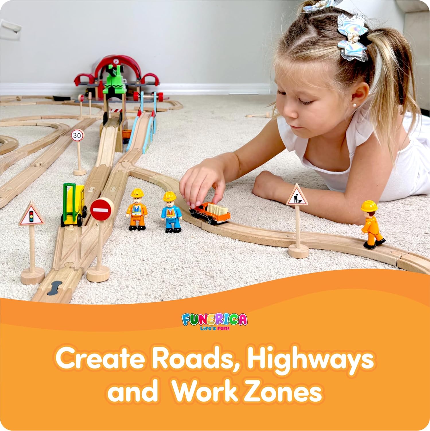 Wooden Traffic Signs & Community Helper Figures Toy Set – Includes Police, City & Construction Workers, Road Signs & Traffic Lights – Works with Train Tracks, Toy Cars, Play Rugs & Mats – Ages 3–10