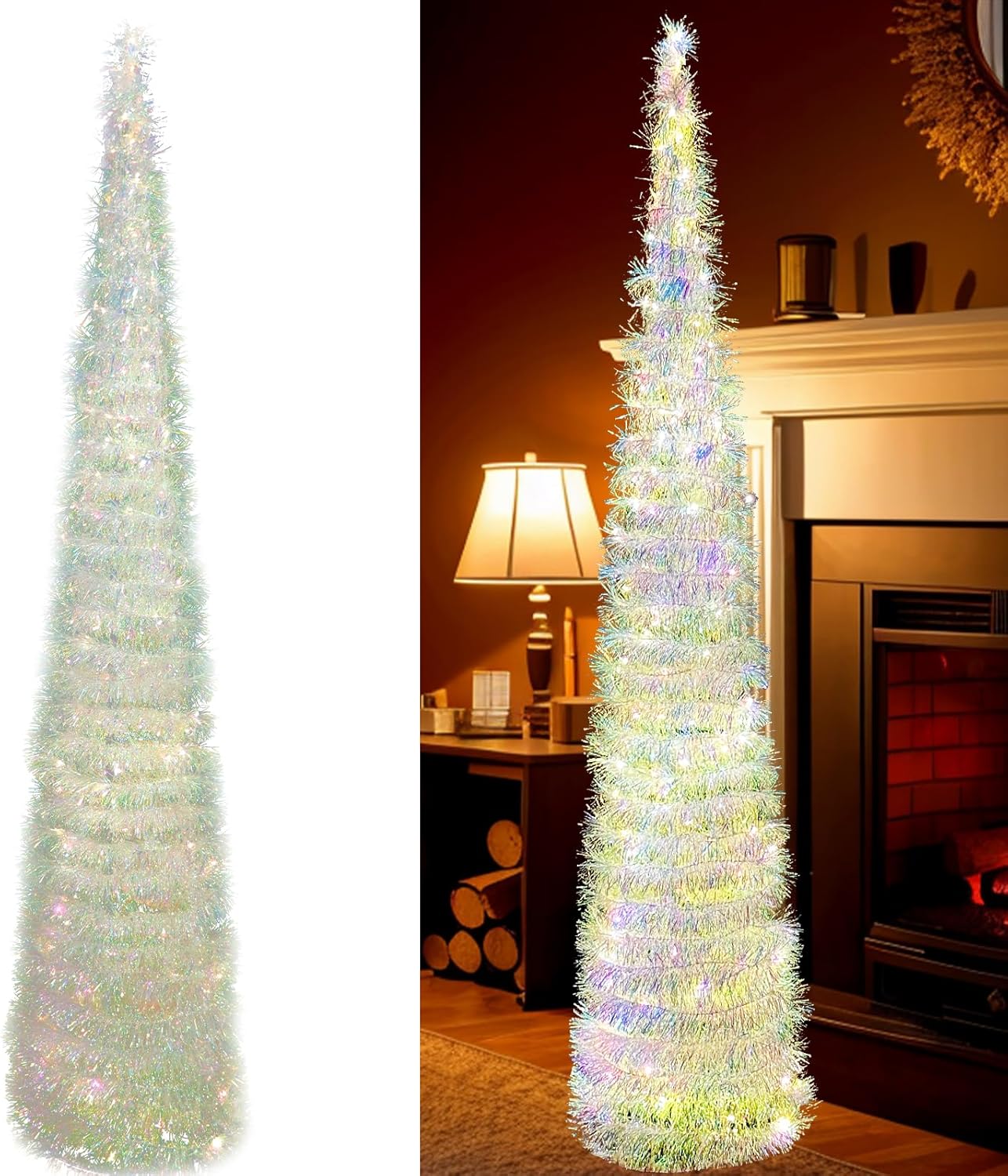 OurWarm 5 FT Pop Up Tinsel Christmas Tree, Collapsible