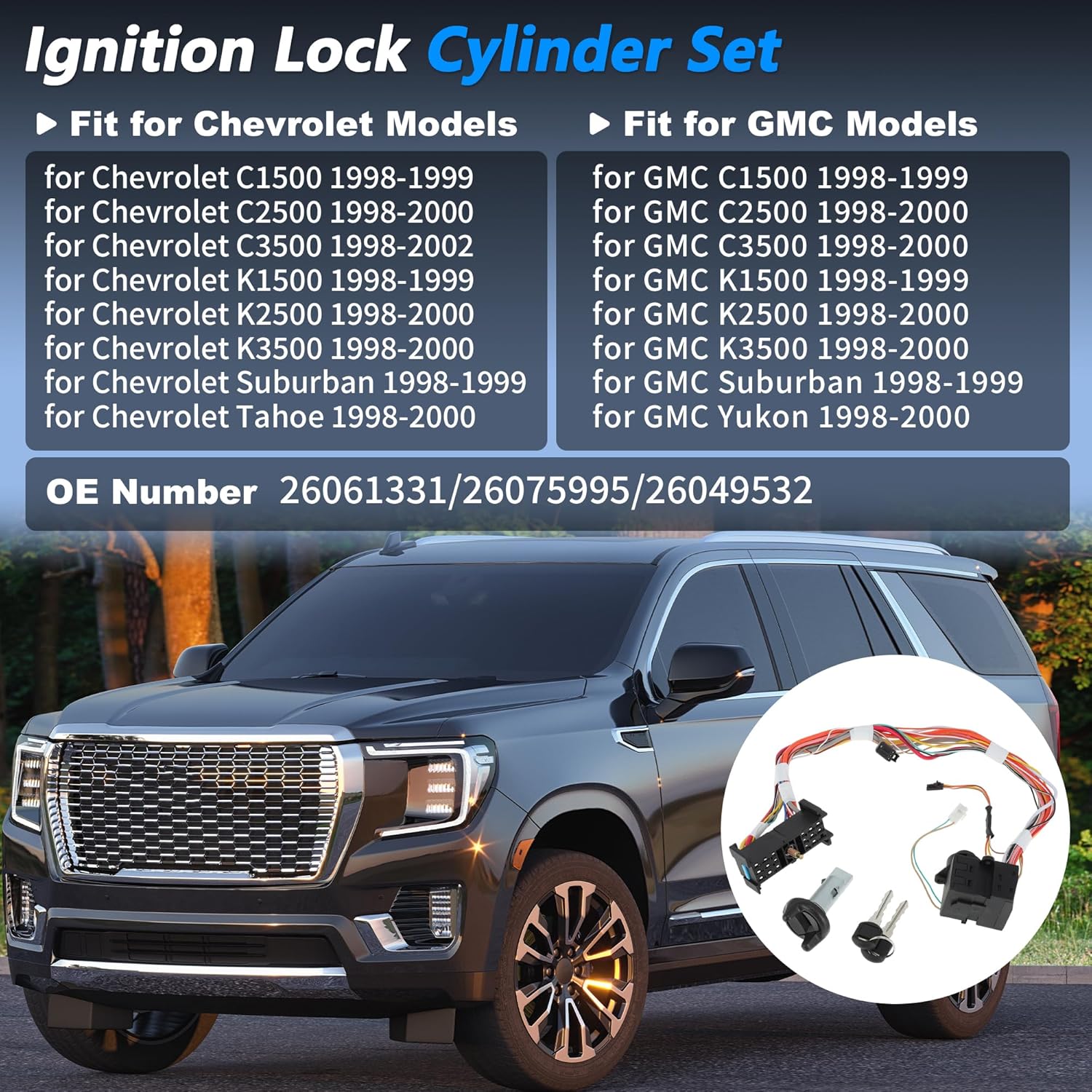 Ignition Lock Cylinder and Start Switch with 2 Key for Chevrolet C1500 C2500 C3500 for GMC Yukon Ignition Switch Cylinder Lock No.26061331/26075995