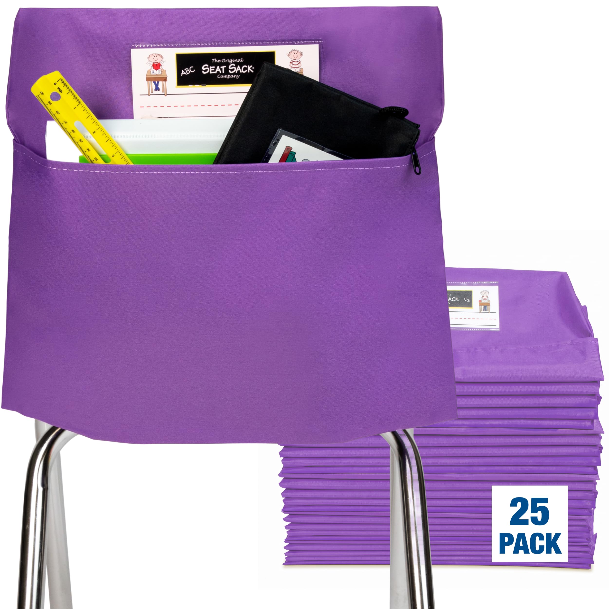 Seat Sack Student Chair Storage Pocket - 17", Single Pocket, Classroom Chair Organizer for Student Desks, Durable Over-the-Chair Storage, Ready-to-Use Name Tag Window, Purple, 25-Pack