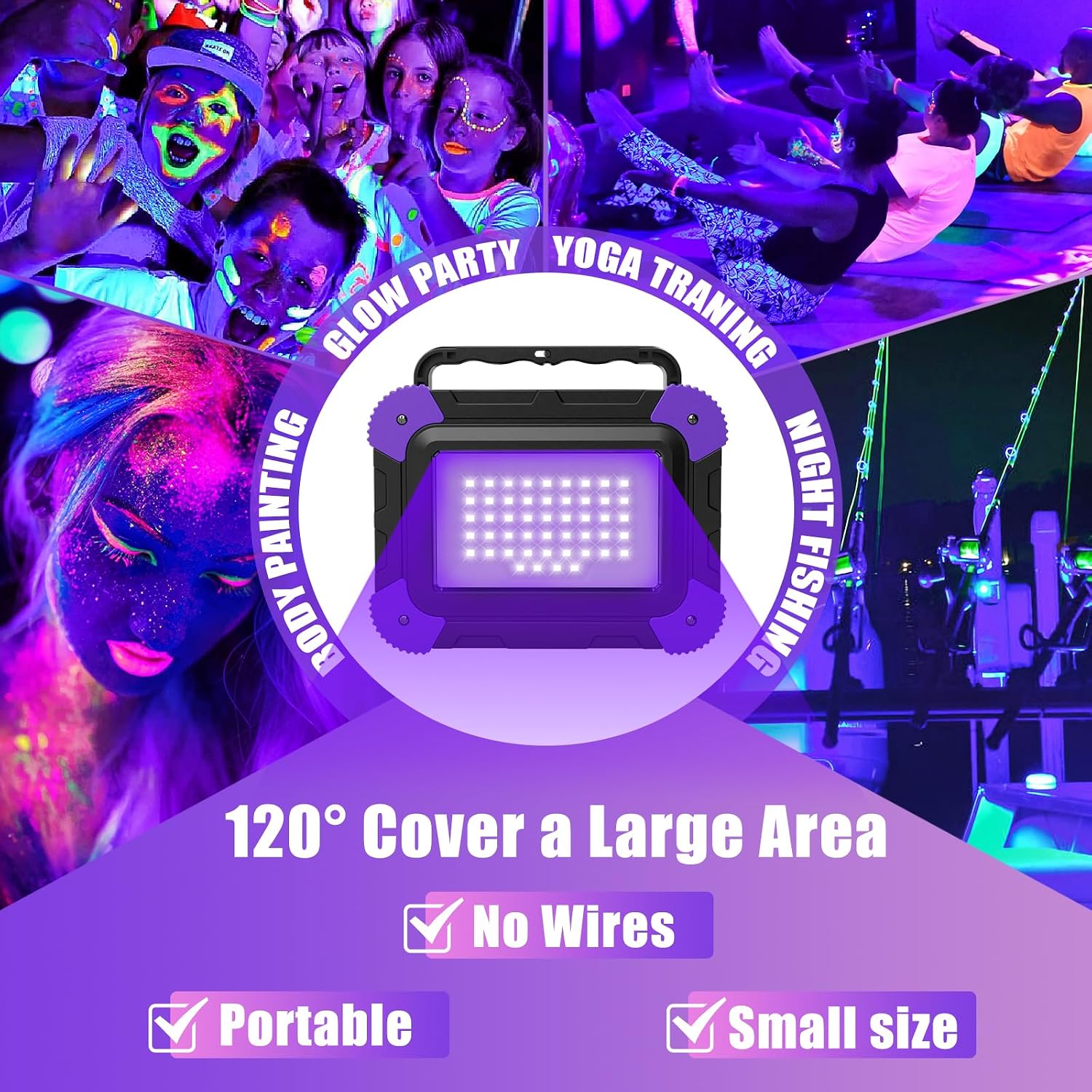 T-SUN Rechargeable Black Lights, Battery Powered Blacklights for Halloween | Cordless Black Light, 400-405nm Portable Black Flood Lights Waterproof, Blacklights for Glow Party, Fluorescent Poster 1 Pack