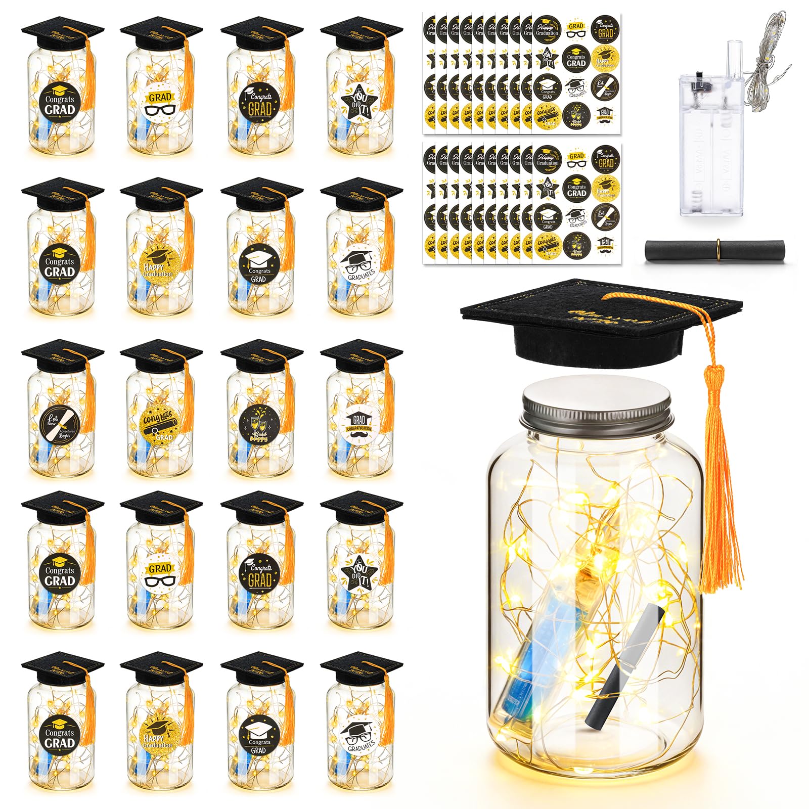 Photo 1 of 20 Sets 2026 Graduation Table Decoration with LED Lights, Mason Jar Graduation Centerpieces for Tables with Class of 2026 Felt Cap, Paper Roll, Stickers, College High School Grad Party Gifts(Black)