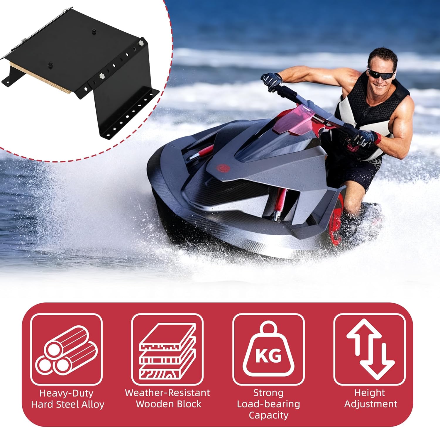 MJ-1-DP Outboard Jack Plate, 4'' Setback Small Engine Jack Plates for Outboard Motors up to 35HP, Adjustable Jackplate with Wooden Mounting Block, Manual Add Distance Between Engine and Transom