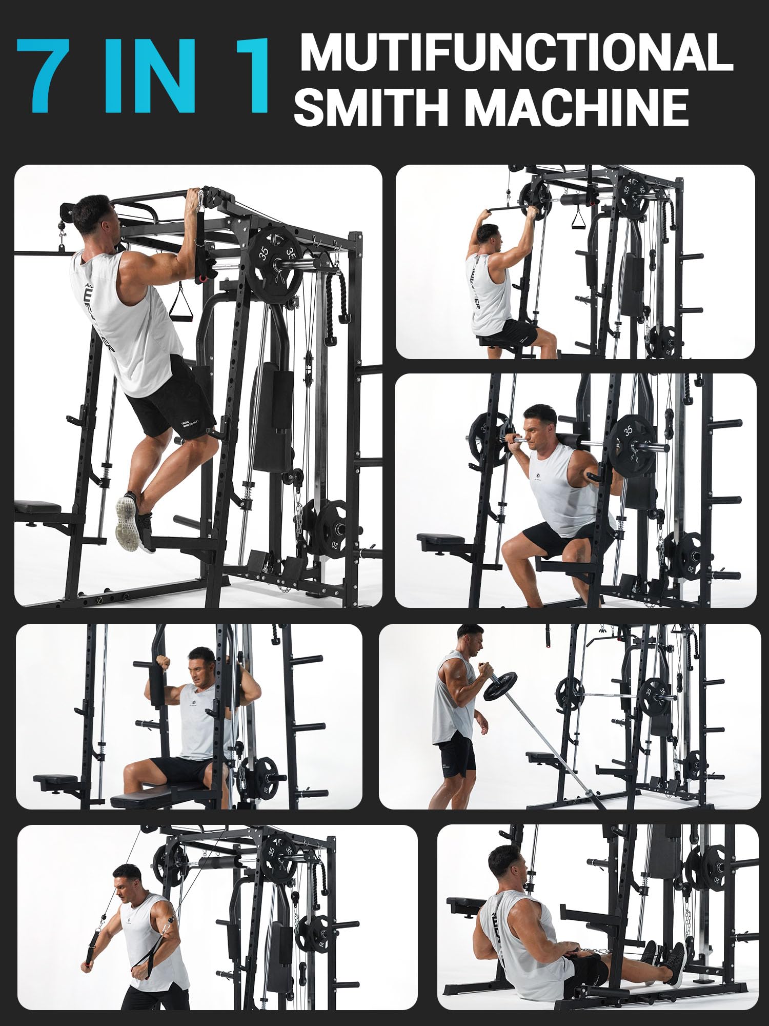 Smith Machine, 2000 LBS Multifunctional Power Rack with Dual Pulley System, Squat Rack for Home Gym, Power Cage for Strength Training with More Attachments