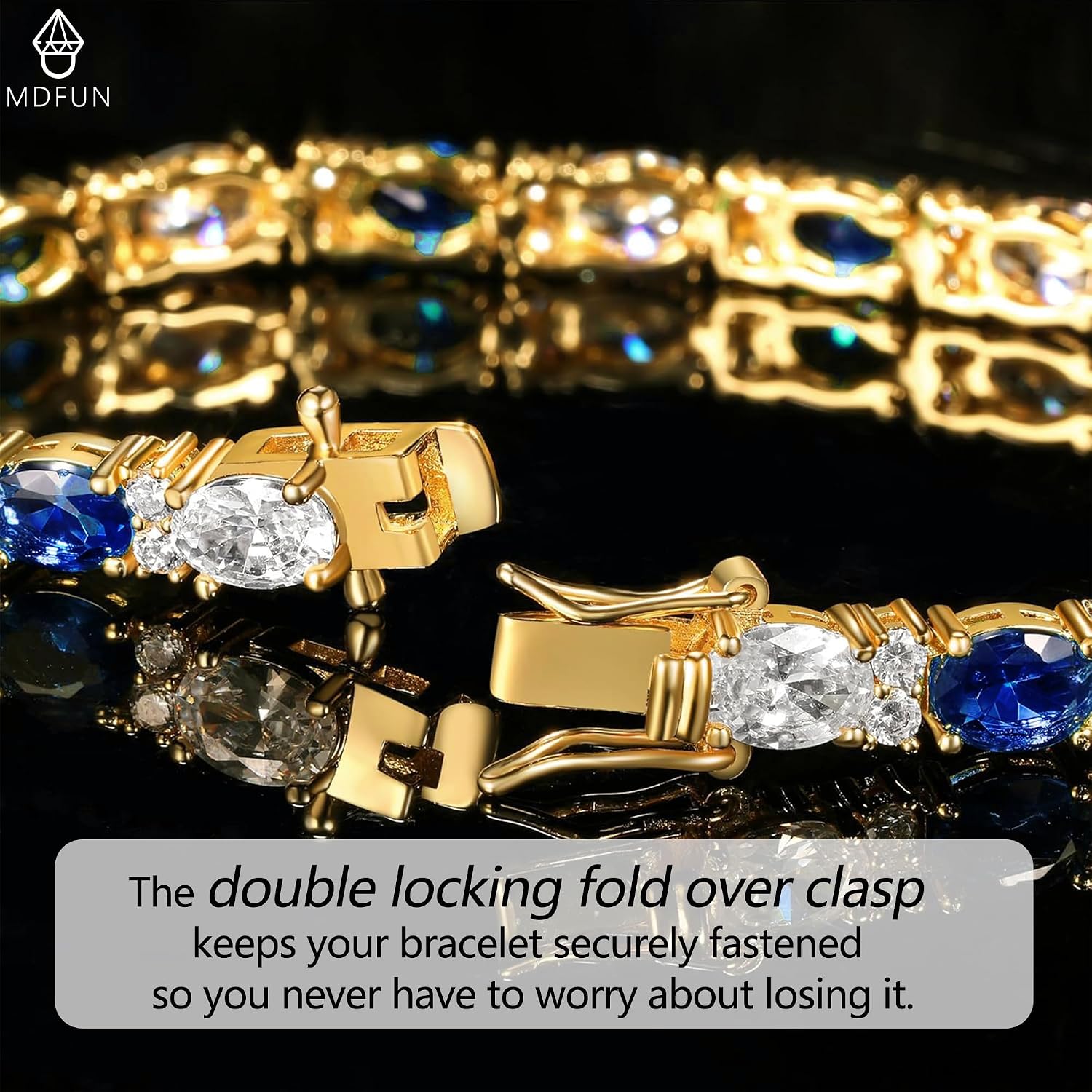 MDFUN 18K White/Yellow Gold Plated Green/Blue 5 * 7MM Oval 5A+ Cubic Zirconia Tennis Bracelet for Women Birthstone Jewelry Gift 6.5-8.5 inch