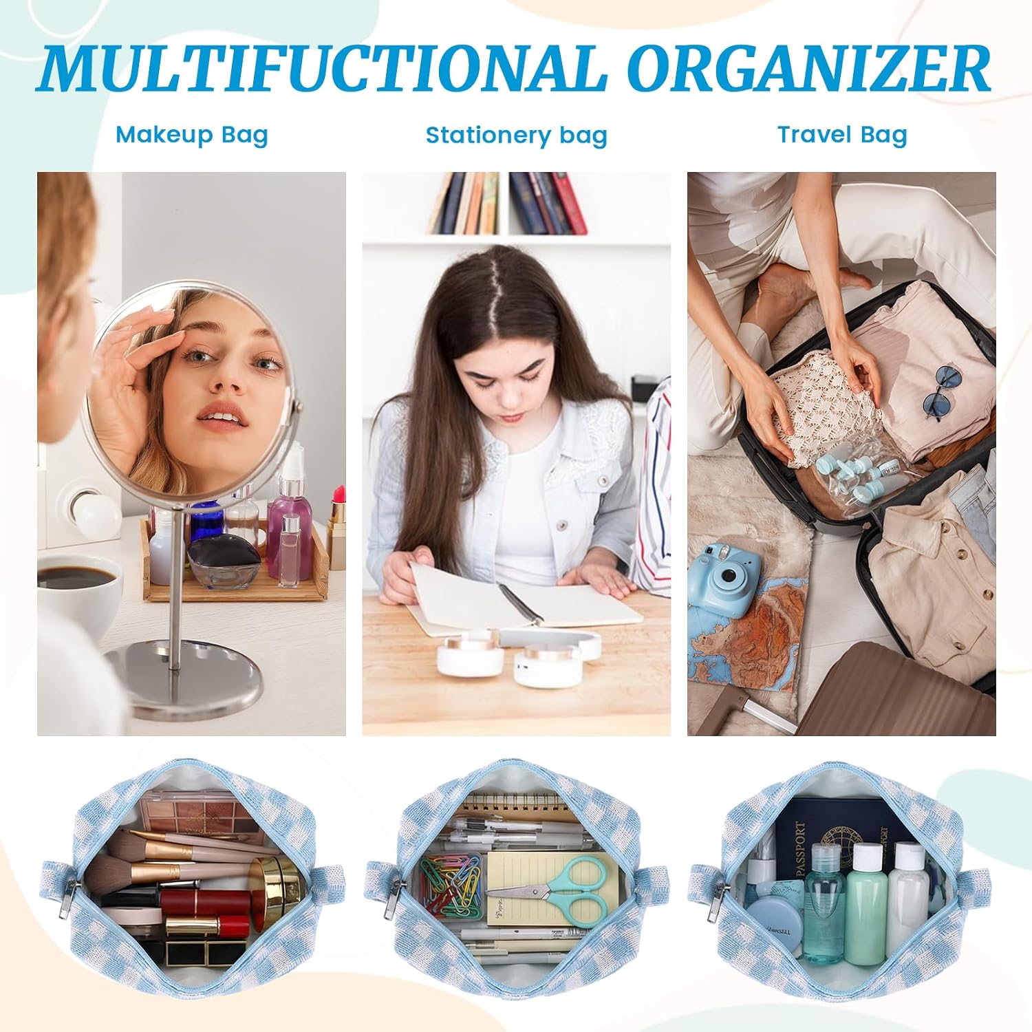 6pcs Checkered Makeup Bags Bulk, Cosmetic Bag Set Bridesmaid Gifts, Blue Makeup Pouch Cosmetic Bags Bulk for Bachelorette Party Favors, Bridesmaid Makeup Organizer for Women Travel Toiletry