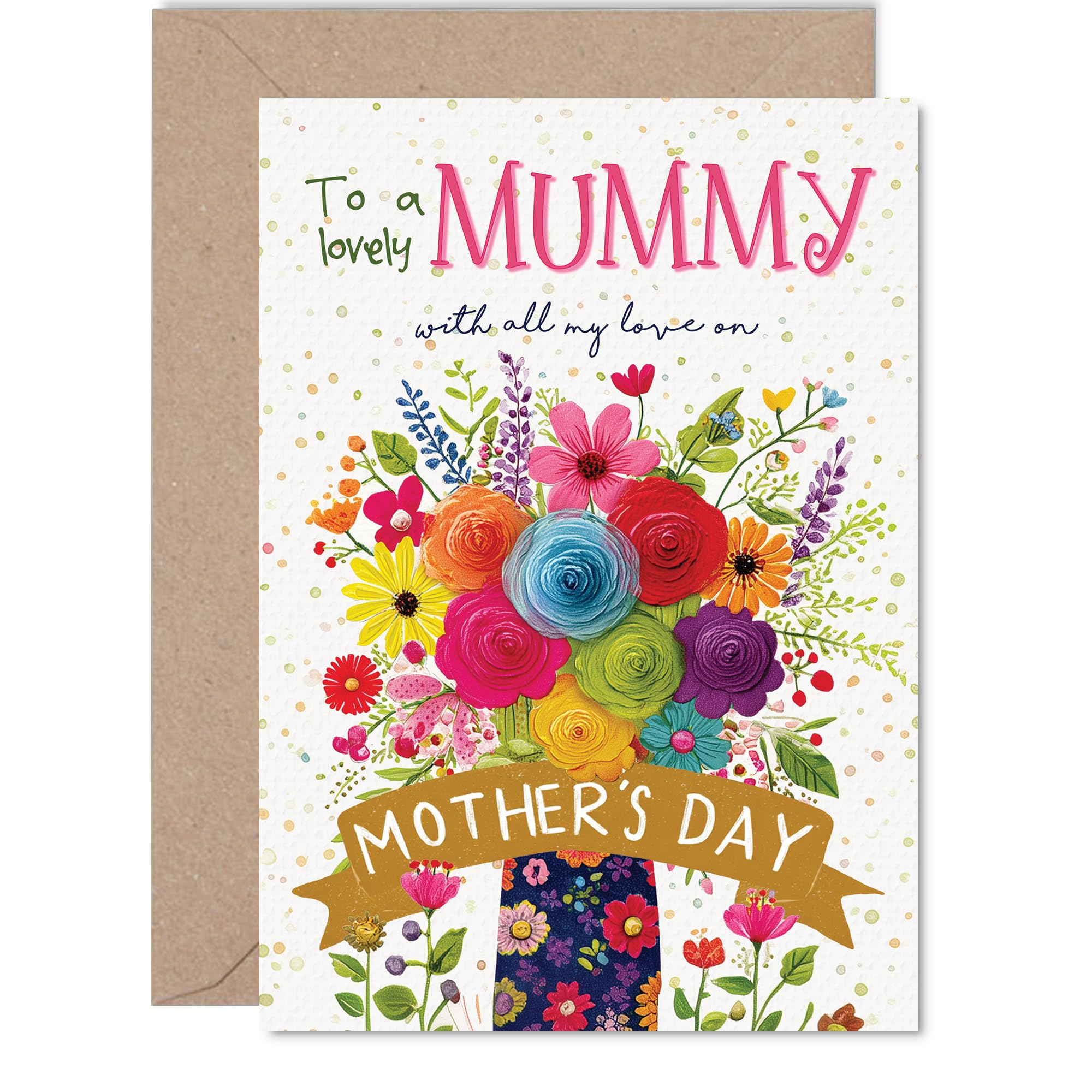 Mummy Mothers Day Card - With Love - Happy Mothers Day Card for Mummy from Son Daughter, 5x7 Inch Floral Pattern Bday Greeting Cards