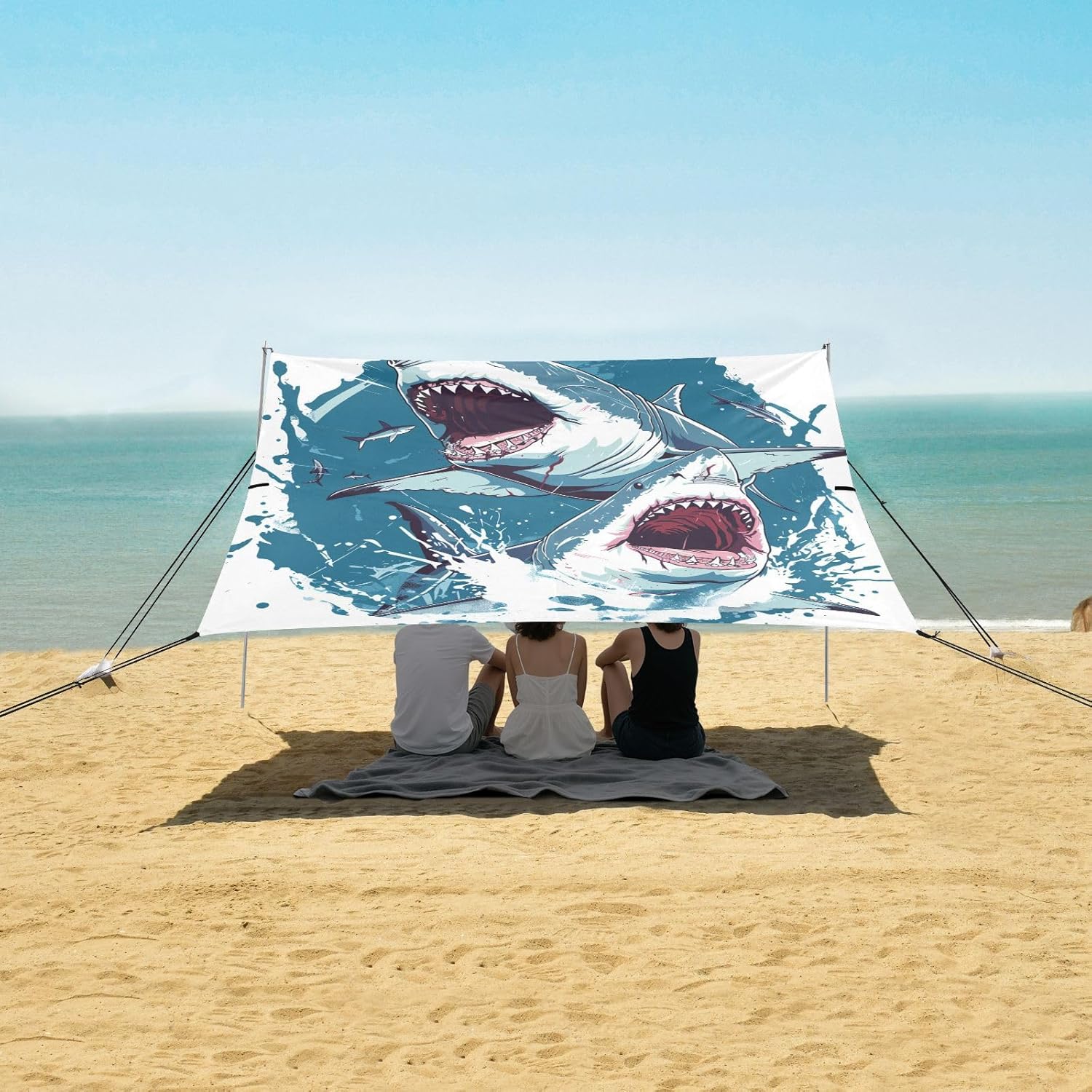 ALAZA Cruel Shark Beach Tent Sun Shelter UPF50+ Protection Beach Shade Canopy w/ 4 Sandbags for Outdoor Camping, Fishing, Backyard Fun, Picnic, 10x9 ft
