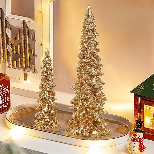 Juegoal Juego de 2 decoraciones de mesa para árbol de Navidad, pinos de Navidad de resina dorada de 9.5 pulgadas, adornos de árboles de mesa