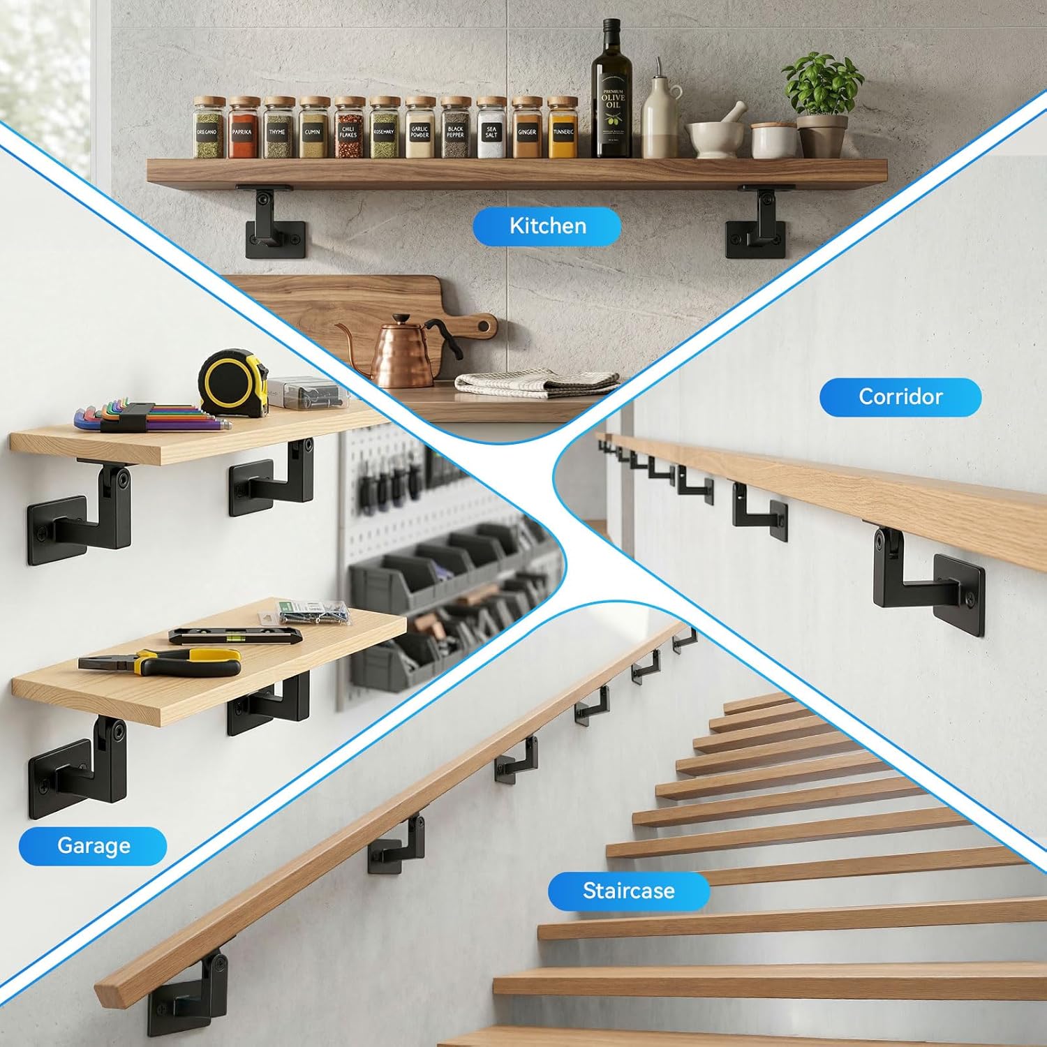 6 Pack Handrail Brackets, Laysmkit Adjustable Handrail Bracket for Staircase, Black Hand Rail Bracket, Wall Mounted Stair Railing Brackets with Installation Hardware for Stairs, Bedroom, Corridors