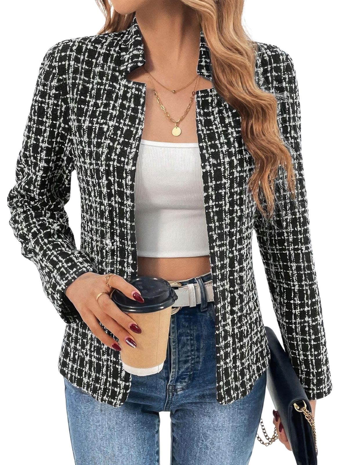 ebossy Womens Casual Slim Notched Plaid Tweed Blazer Elegant Open Front Long Sleeve Business Work Jacket Dress Coat