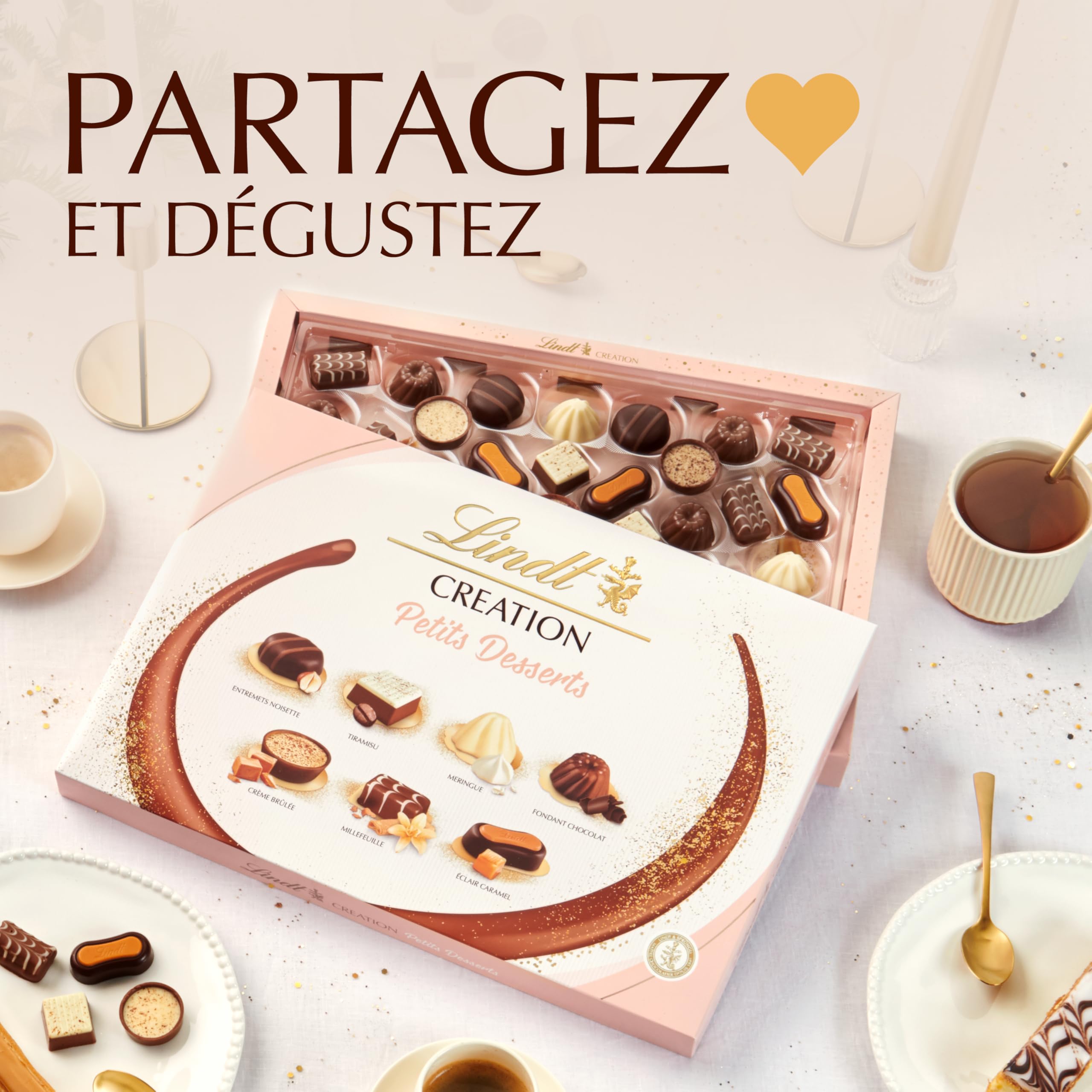 Lindt - Boîte CRÉATION Petits Desserts - Assortiment de Chocolats au Lait, Noirs et Blancs - Inspiration pâtissière - Idéal pour Noël, 413g