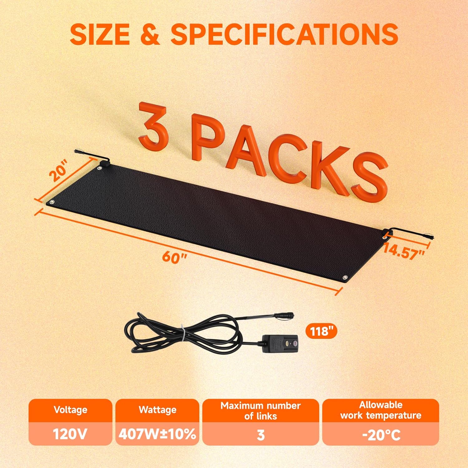 Roastove 3 Pcs Heated Snow Melting Mats, 20 x 60 inch No-Slip Rubber Heated Outdoor Mats, for Winter Outdoor Stairs, Steps, Doorways,Walkways, 2 .8in/h Melting Speed,with 1 Plug, Total 3 Packs