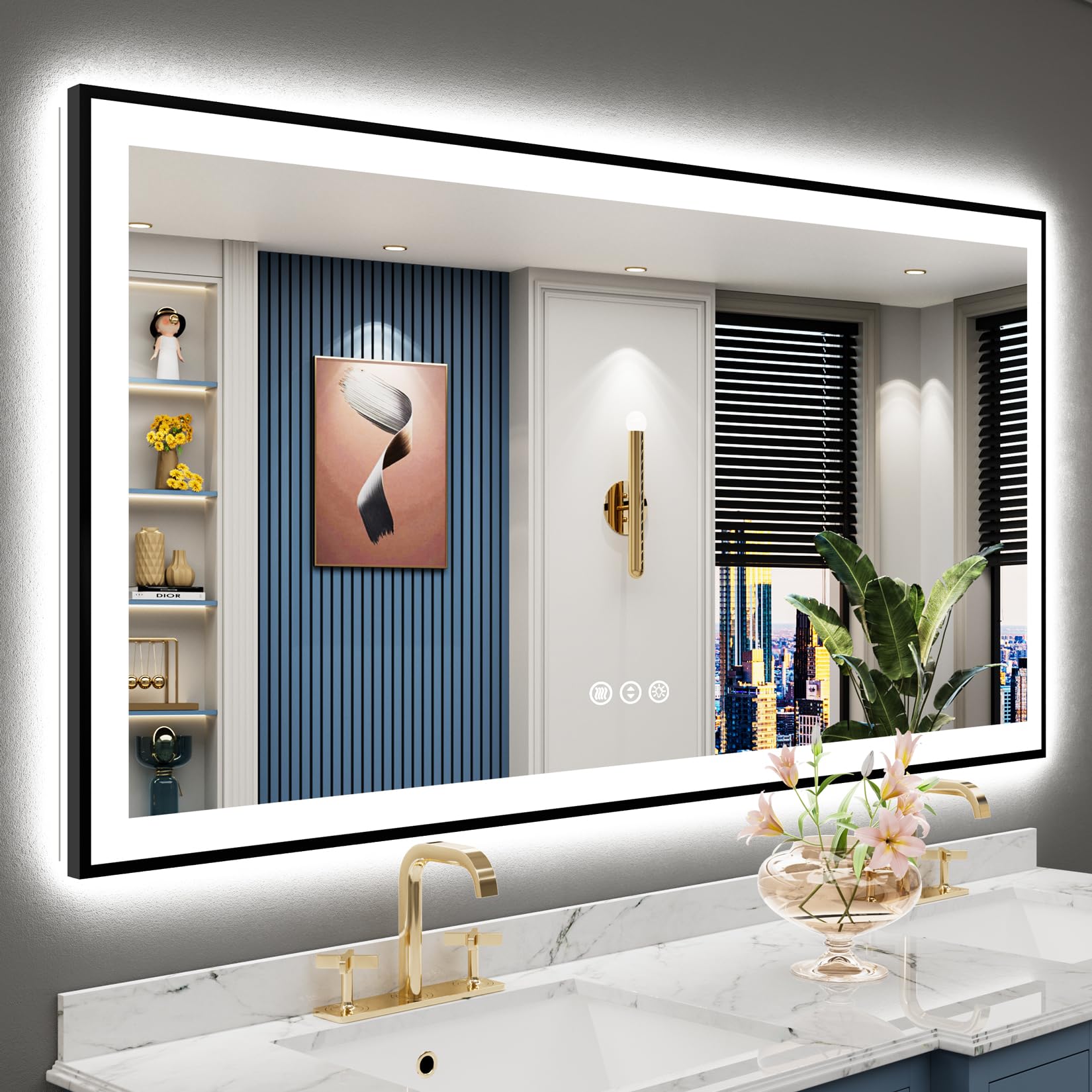 60x30 Black Framed LED Bathroom Mirror Backlit &amp; Front Lit Anti-Fog | Lighted Vanity Mirror, Dimmable 3-Color Light, Memory, CRI95, Tempered Glass, IP54 Waterproof, UL Listed, Horizontal/Vertical