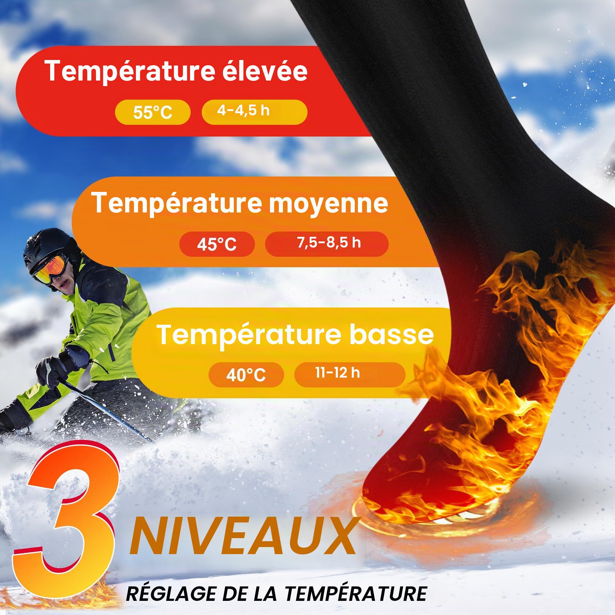 Svpro Chaussettes chauffantes électriques Rechargeables Hommes Femmes Thermo-Chaussettes alimentées par Batterie Camping Froid Randonnée Chaude Chaussettes d'hiver(
