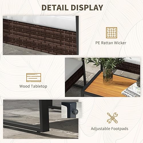 Miniatura 5 de Outsunny Juego de muebles de patio de 4 piezas con 2 sillas, sofá biplaza, mesa superior de madera de acacia y reposabrazos, motivos de ratán,