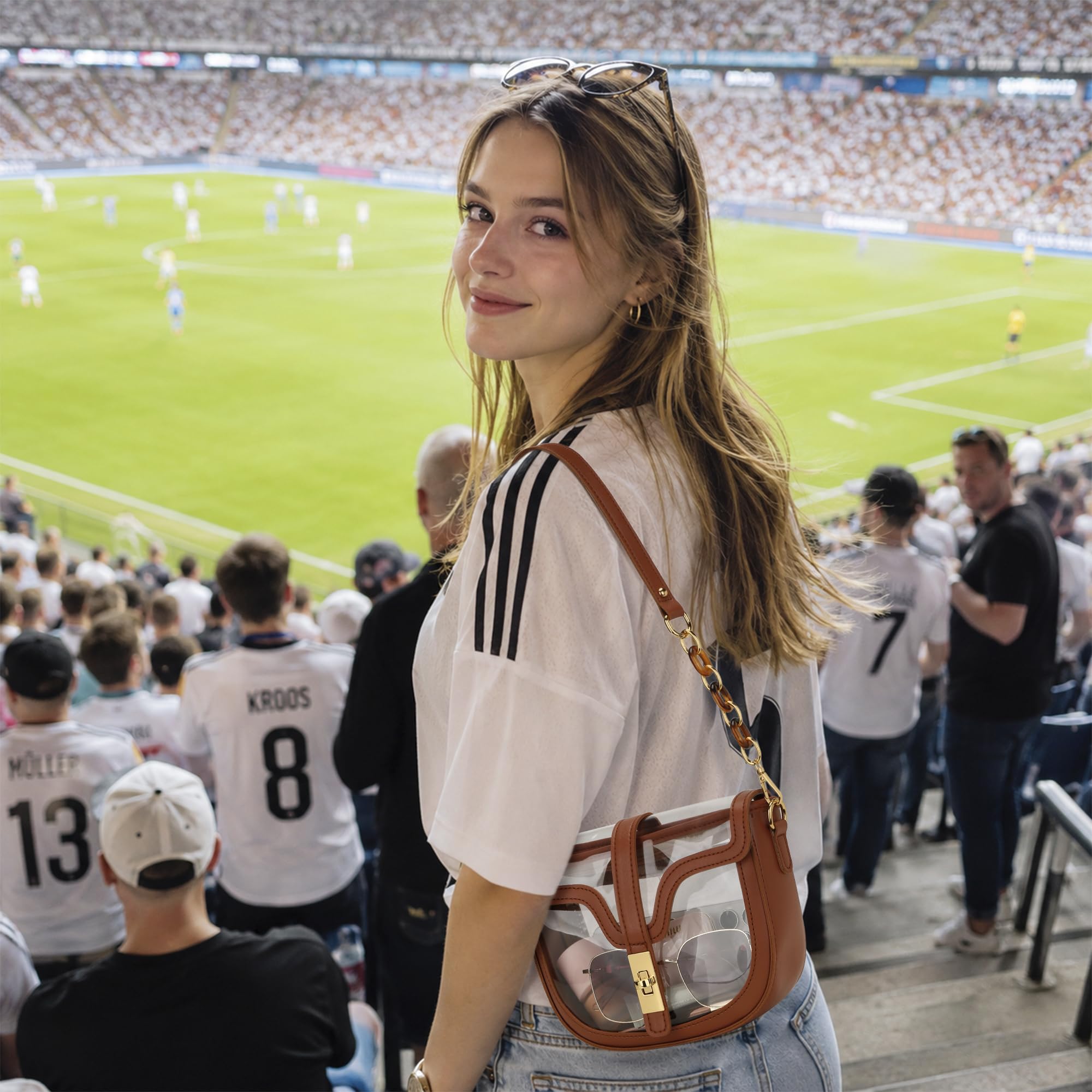 KKXIU Borsa a tracolla trasparente per donna Stadio approvato borsa trasparente da concerto in pelle vegana con spalla sportiva, Marrone