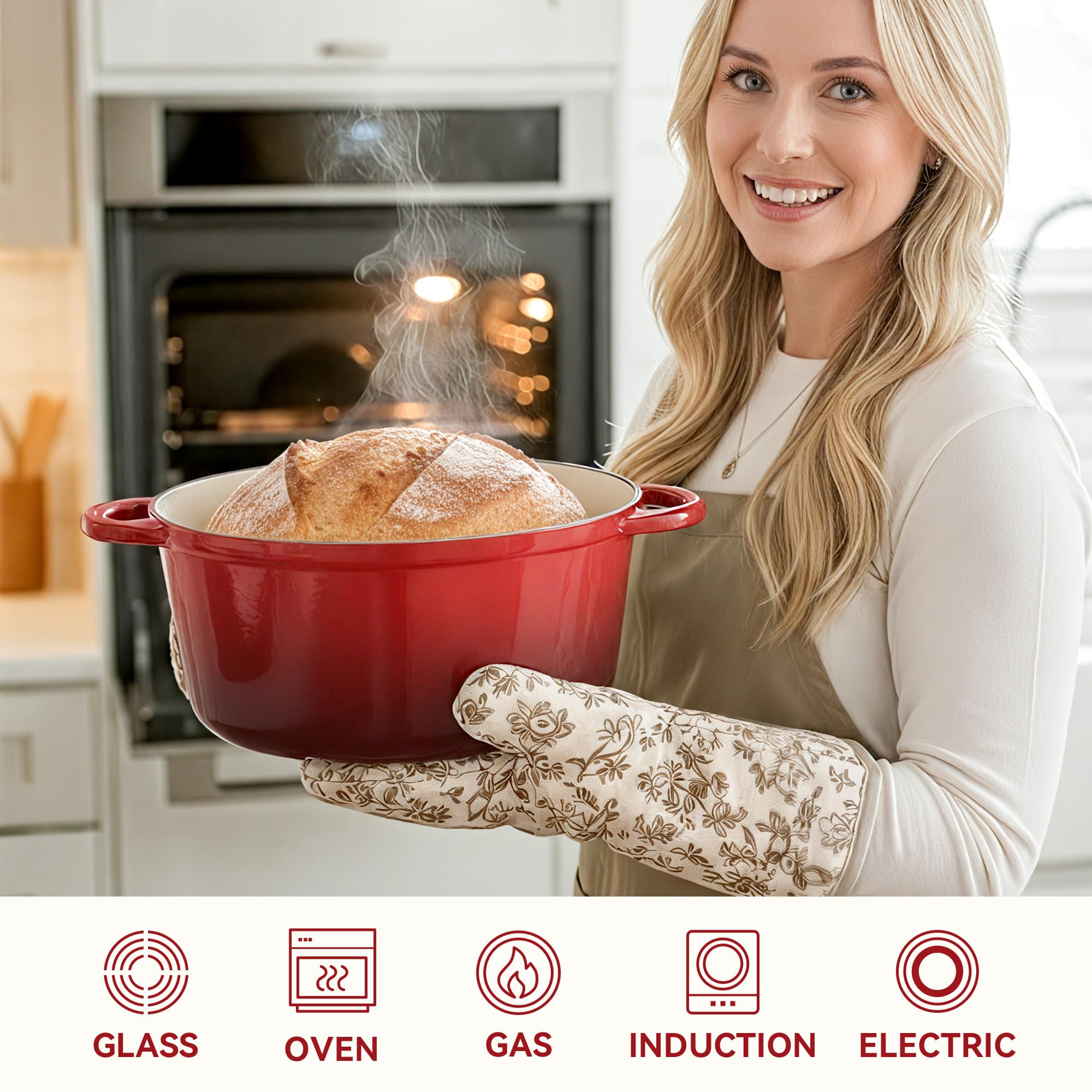 Fijinhom E Emaliowany żeliwny holenderski garnek do piekarnika z pokrywką, podwójny uchwyt do pieczenia chleba, wstępnie przyprawione naczynia kuchenne, wytrzymałe, nadaje się do piekarnika do 260 °C,