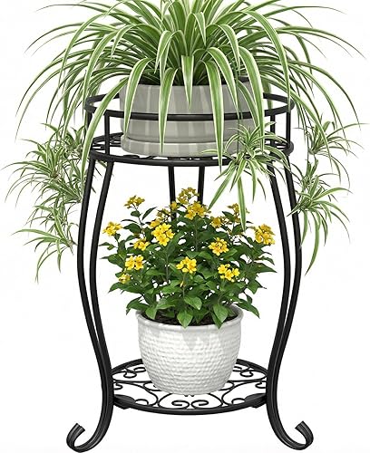 TOSKING Soporte de metal de 2 niveles para plantas para interiores y exteriores, resistente al óxido, soporte estable para múltiples plantas,