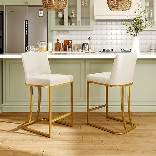 MAISON ARTS Bar Stools Set of 2, 24 Inch Counter Height Barstools with Back, Modern Upholstered Faux Leather Bar Chairs for Kitchen Island Home Bar, Gold Metal Frame, Footrest, Off White