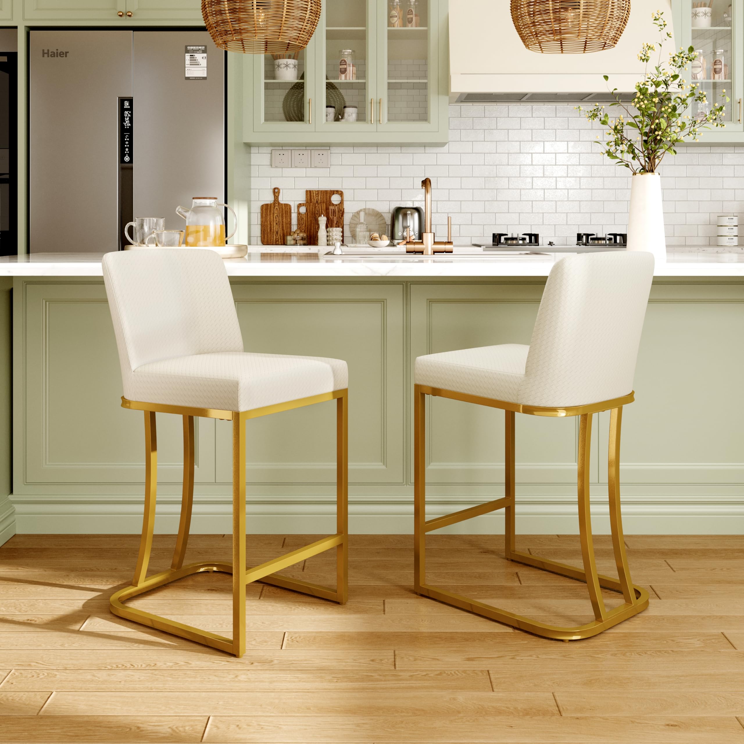 MAISON ARTS Bar Stools Set of 2, 24 Inch Counter Height Barstools with Back, Modern Upholstered Faux Leather Bar Chairs for Kitchen Island Home Bar, Gold Metal Frame, Footrest, Off White