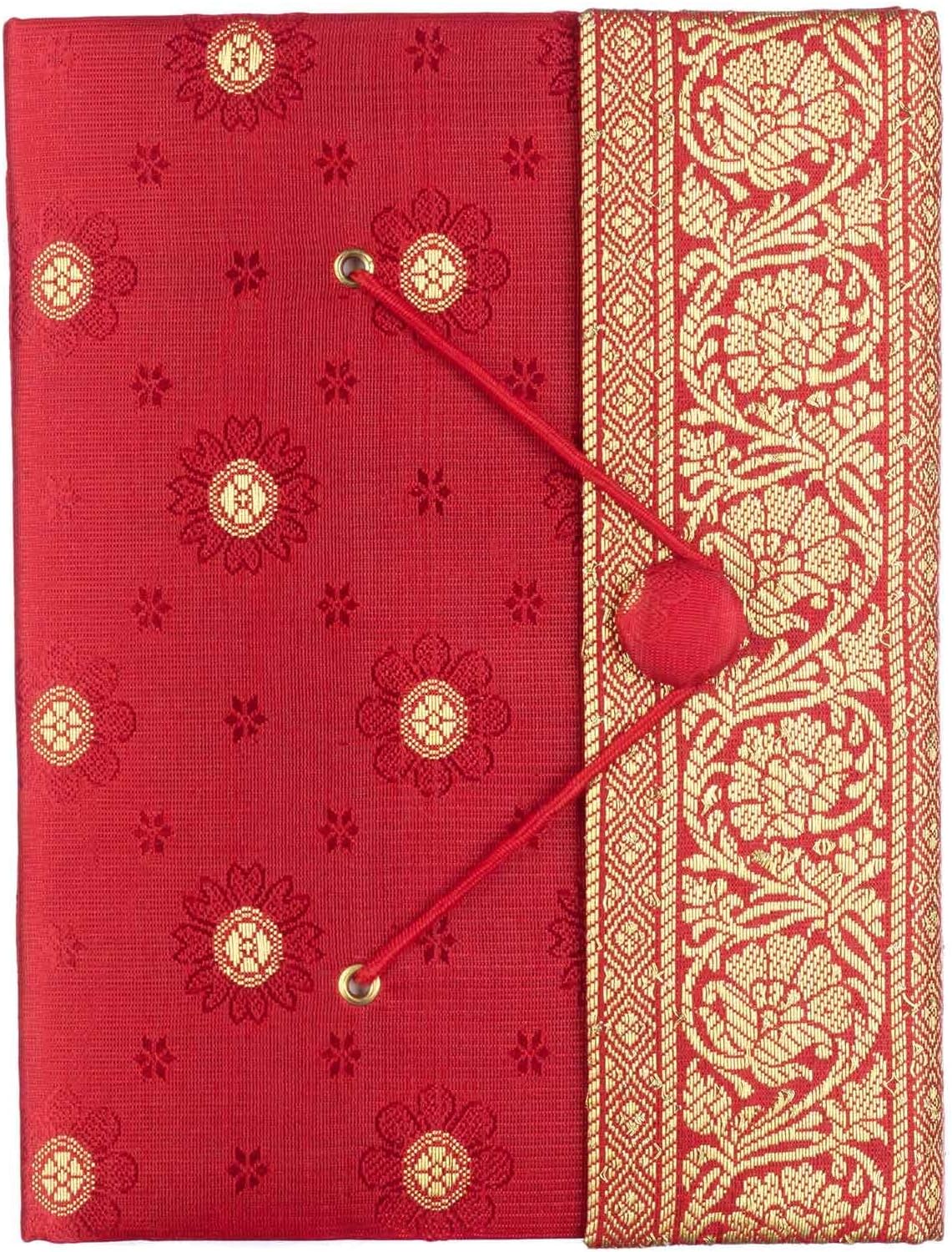 Sari Journal Large 14cm x 18.5cm - Red - Unlined Recycled Paper - Elastic Closure - Notebook and Diary - Indian Stationery Gift - for Men Women Students - Sari Fabric